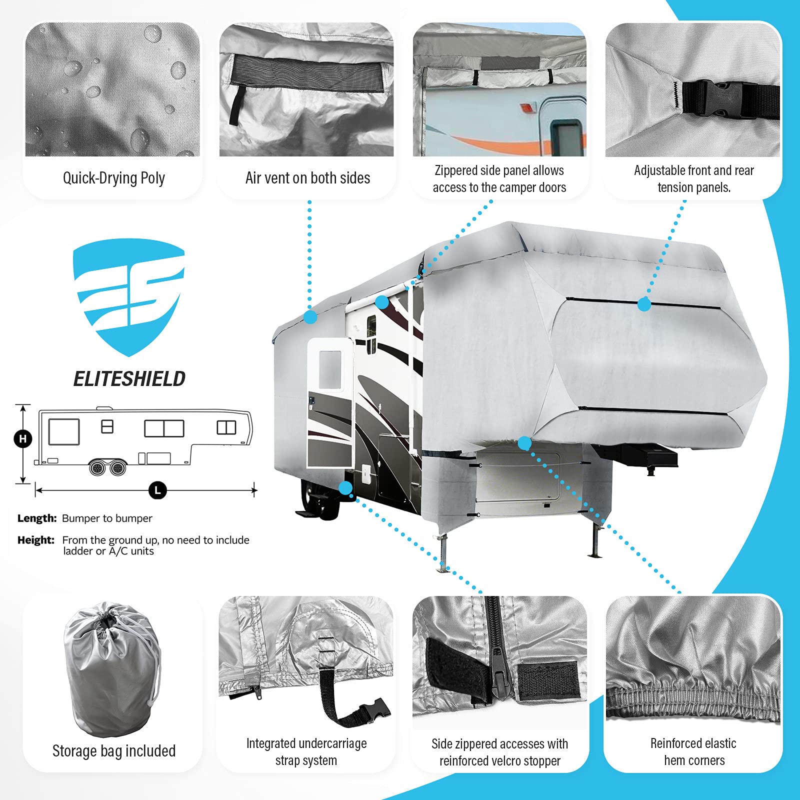 ShieldAll Ultimate Deluxe 5th Wheel RV Travel Trailer Camper Cover - Waterproof, UV Resistant Protection for 33' to 37' Length - Easy Zipper Access Door - Perfect for Outdoor Storage & Winter Protection