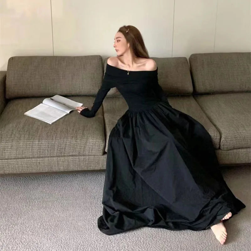 Elegant Black Slash Neck Long Dress for Women - Y2K Korean Style Off Shoulder Long Sleeve Party Dress | Perfect for Spring Fashion, Night Out, and Special Occasions