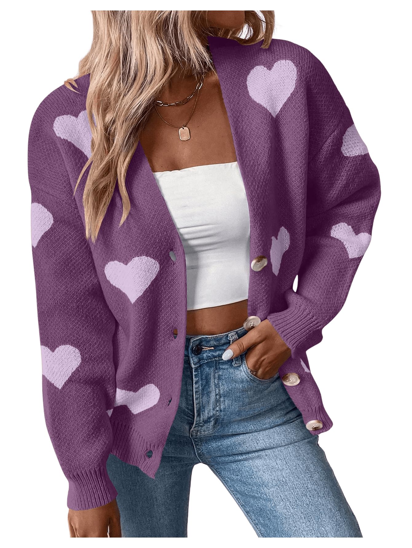 SHENHE Women's Cute Heart Print Button Down Cardigan - Soft V-Neck Sweater Coat for Casual Wear, Office & Date Nights
