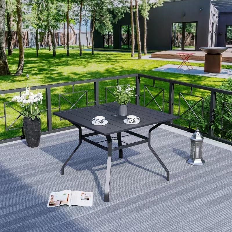 SOLAURA 37-Inch Outdoor Dining Table with Metal Frame - 4-Person Patio Table with Umbrella Hole, Weather-Resistant Black Slat Top for Indoor & Outdoor Use - Perfect for Backyard, Garden, Poolside & Balcony Dining