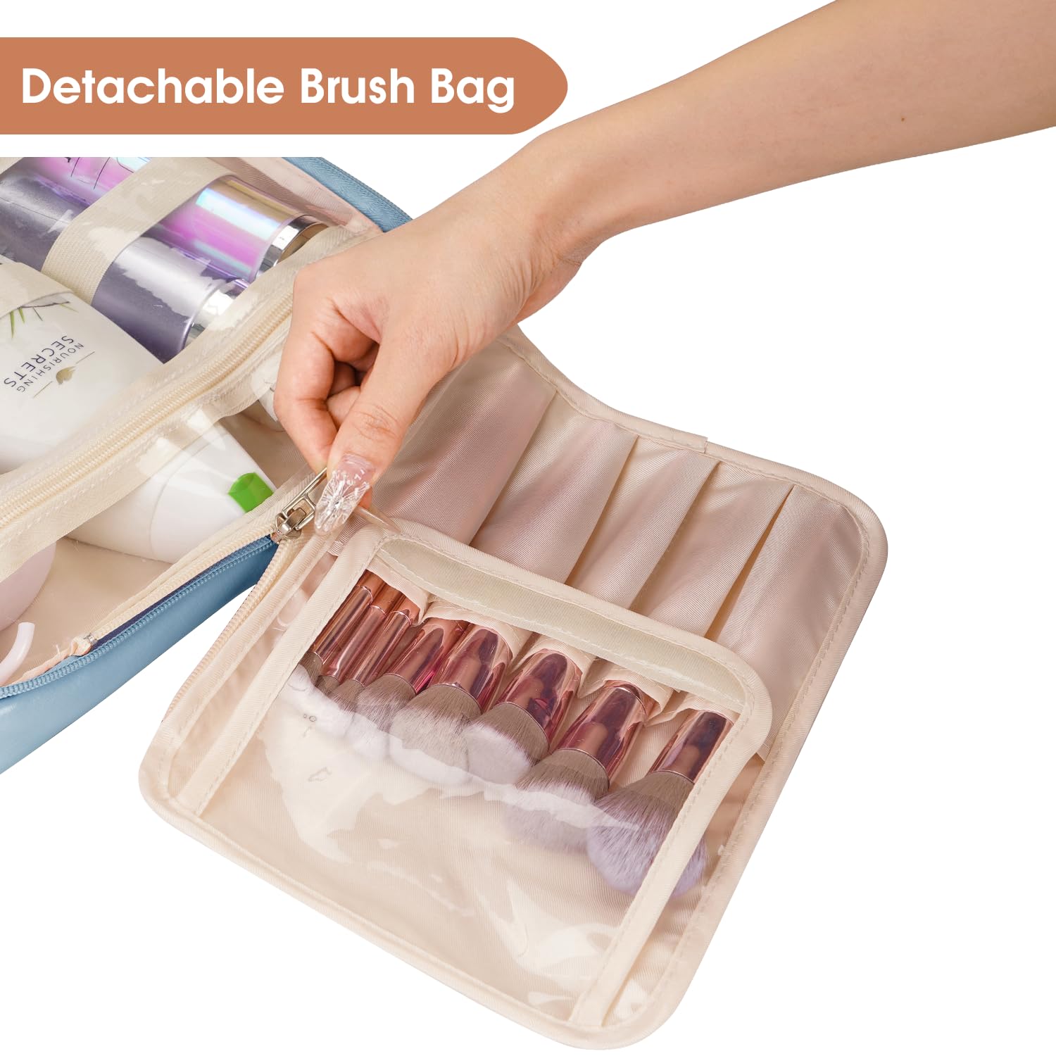 Waterproof Hanging Travel Toiletry Bag for Women - PU Leather Makeup Organizer with 4 Compartments for Full-Sized Cosmetics (Blue) | Perfect for Camping, Gym & Airplane Carry-On