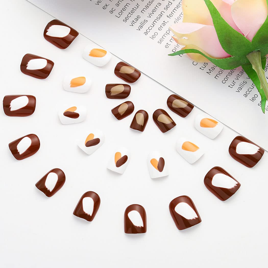 Glossy Short Fake Press on Nails - Square Acrylic Nail Tips with Brown Ombre Design - 24Pcs Full Cover Manicure Set for Women & Girls - Perfect for Parties, Weddings, and Everyday Wear