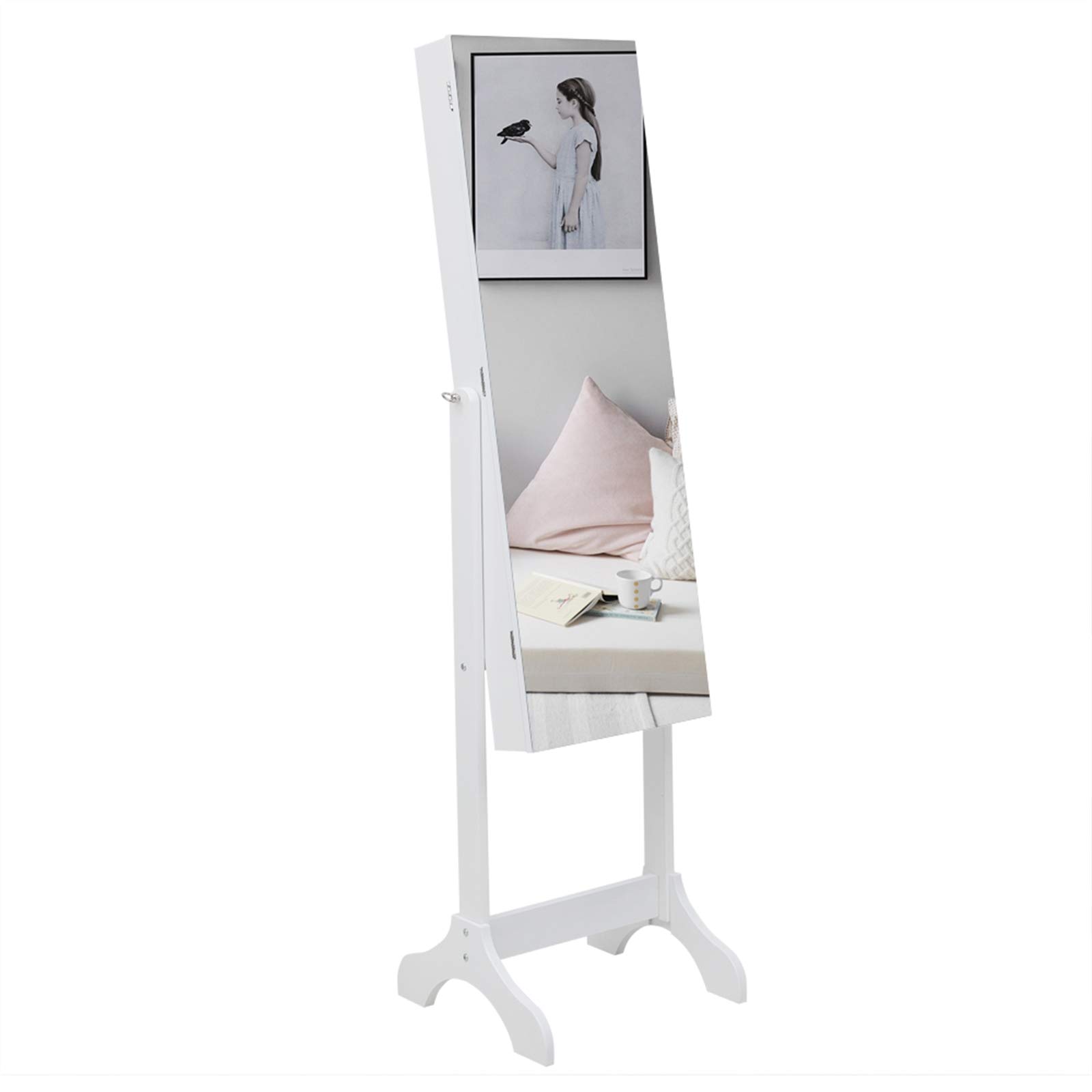 Full Length Mirror Jewelry Cabinet Armoire with Lock - Standing Jewelry Organizer Storage with Inner Mirror (White) - Perfect for Bedroom, Closet & Dressing Room Organization