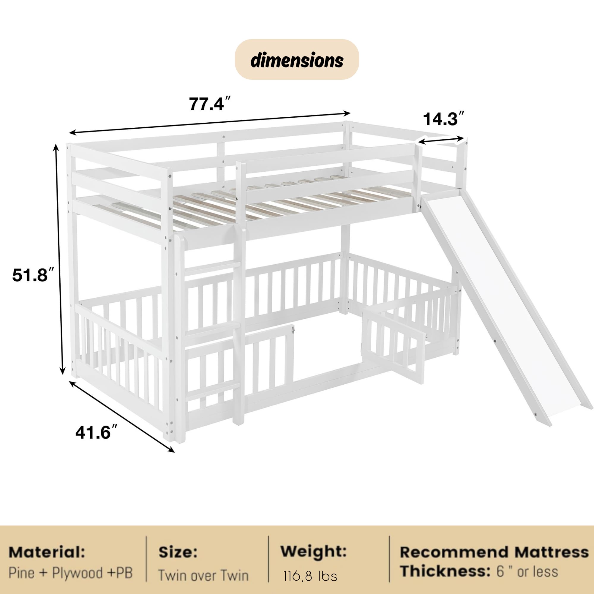 Low Bunk Beds Twin Over Twin with Slide & Ladder - Wooden Floor Bunk Bed Frame for Kids, Boys, Girls & Teens - Junior Loft Bed with Removable Safety Rails - White - Perfect for Small Bedrooms, Shared Kids Rooms & Sleepovers