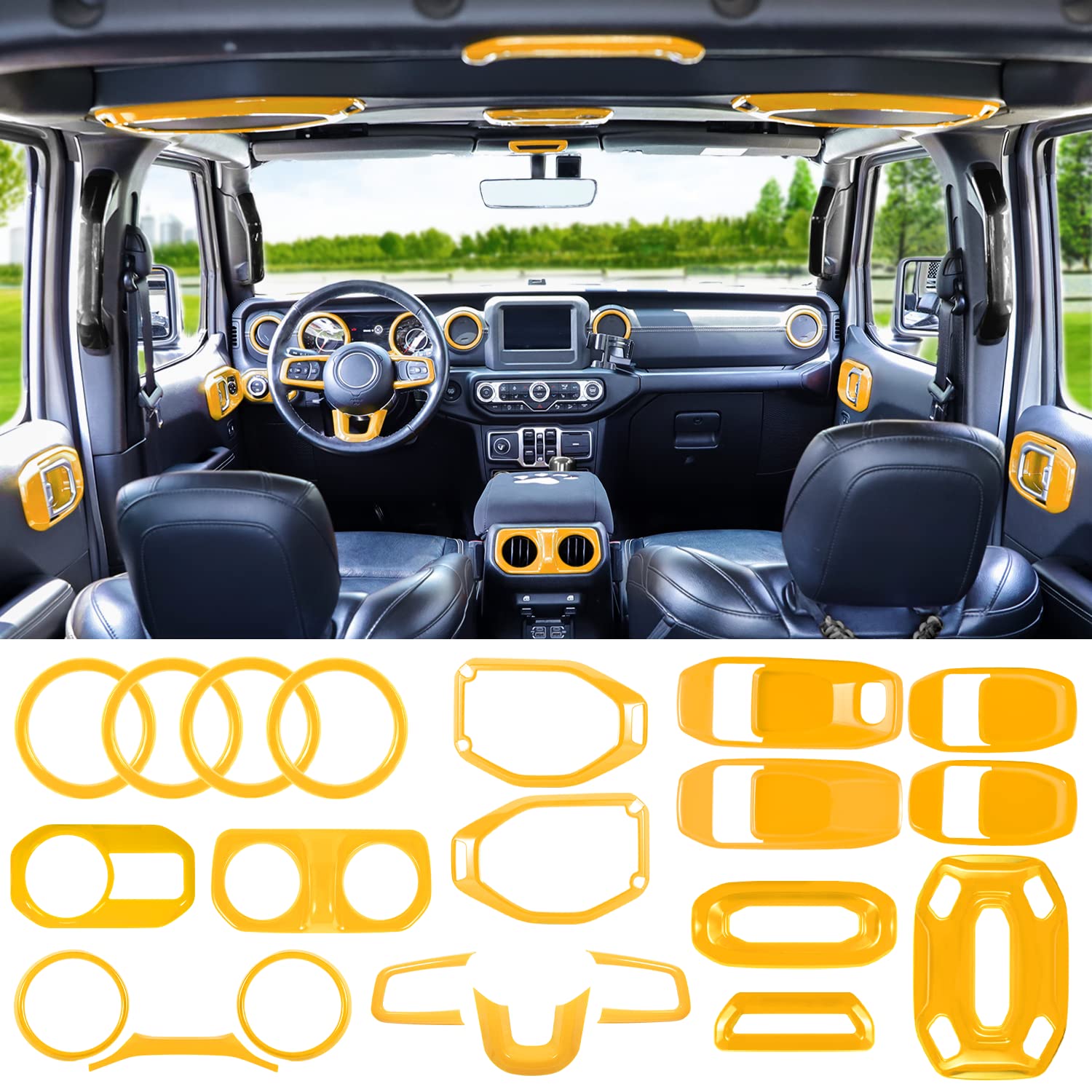 21PCS Full Interior Trim Kit for Jeep Wrangler JL JLU 2018-2023 & Gladiator JT - Air Vent, Door Handle, Speaker & Light Switch Covers (Yellow) | Off-Road Accessories & Car Interior Upgrade