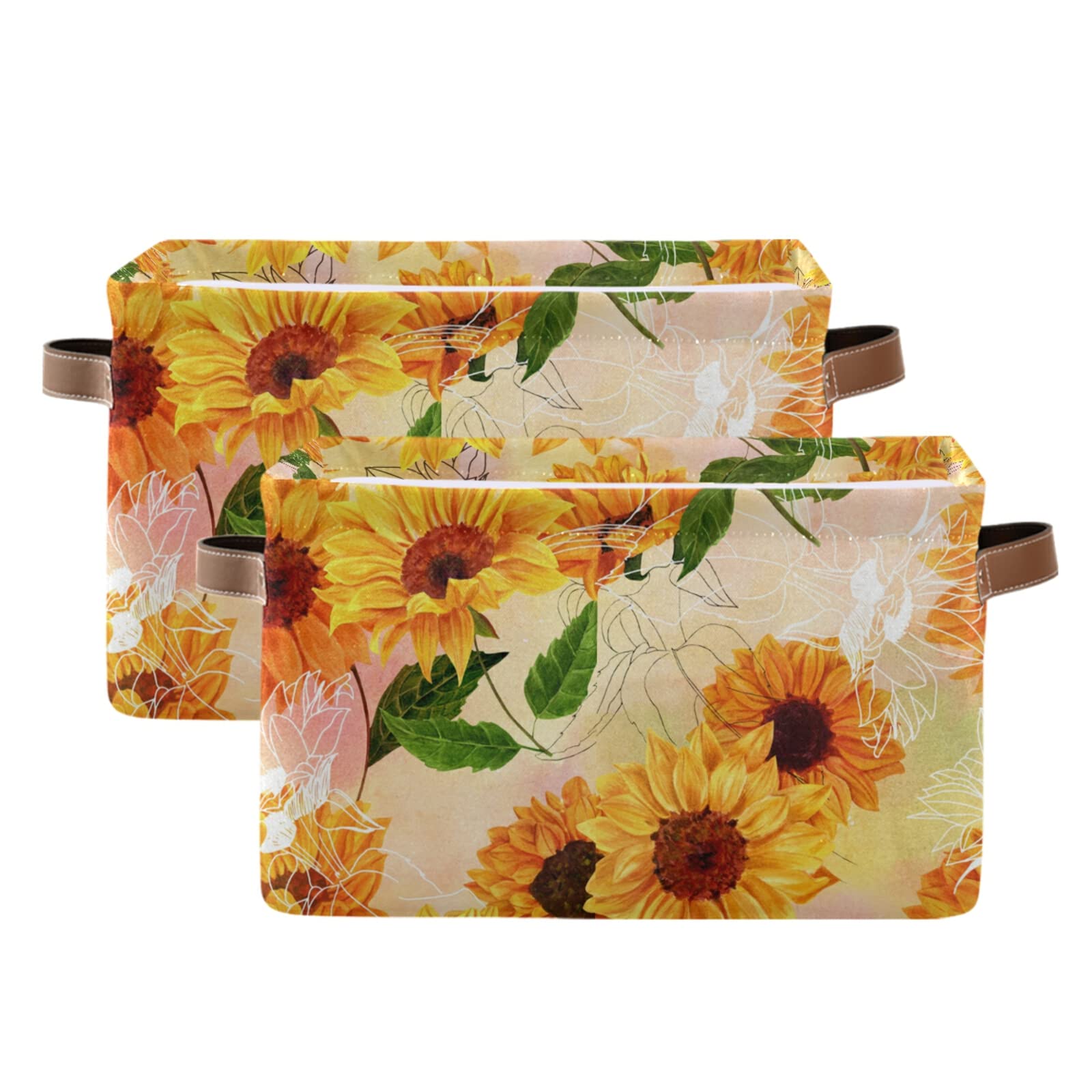 **AUUXVA Collapsible Canvas Storage Bins with Handles - 2 Pack Large Sunflower Flower Painting Cube Box for Toys, Clothes, Home, Office, Bedroom & Closet Organization | Perfect for Shelves, Under Bed & Kids Room Storage**