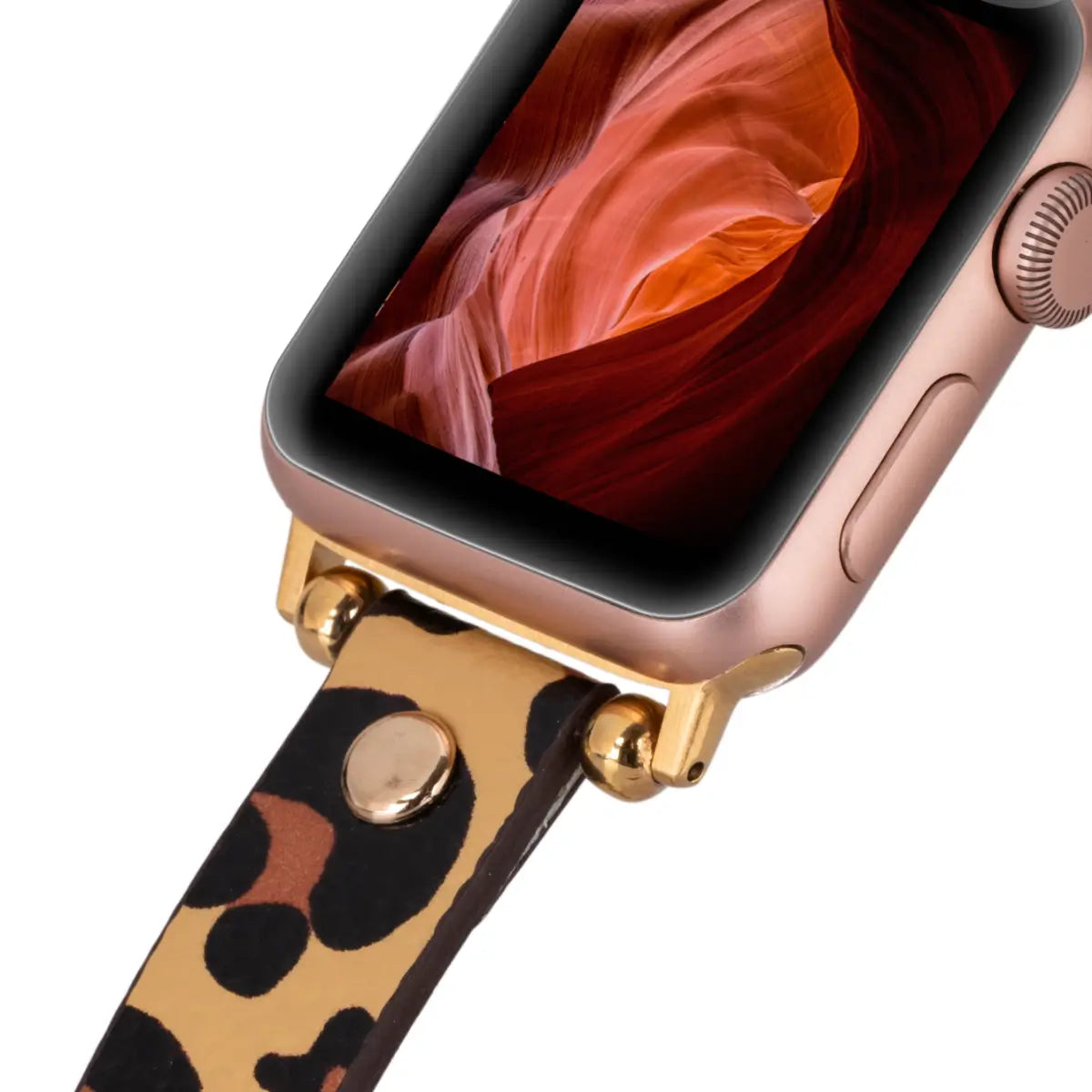 Leopard Print Genuine Leather Ultra Slim Apple Watch Band with Gold Rivets - Stylish & Durable for Workouts, Office & Everyday Wear