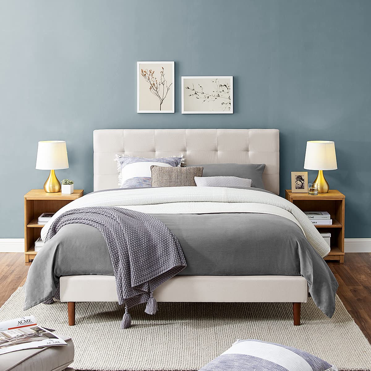 BIKAHOM Tufted Upholstered Platform Bed Frame - Adjustable Height Headboard, Sturdy Wood Slat Support, No Box Spring Needed, Easy Assembly, Beige, Queen Size | Perfect for Modern Bedrooms, Guest Rooms & Small Spaces