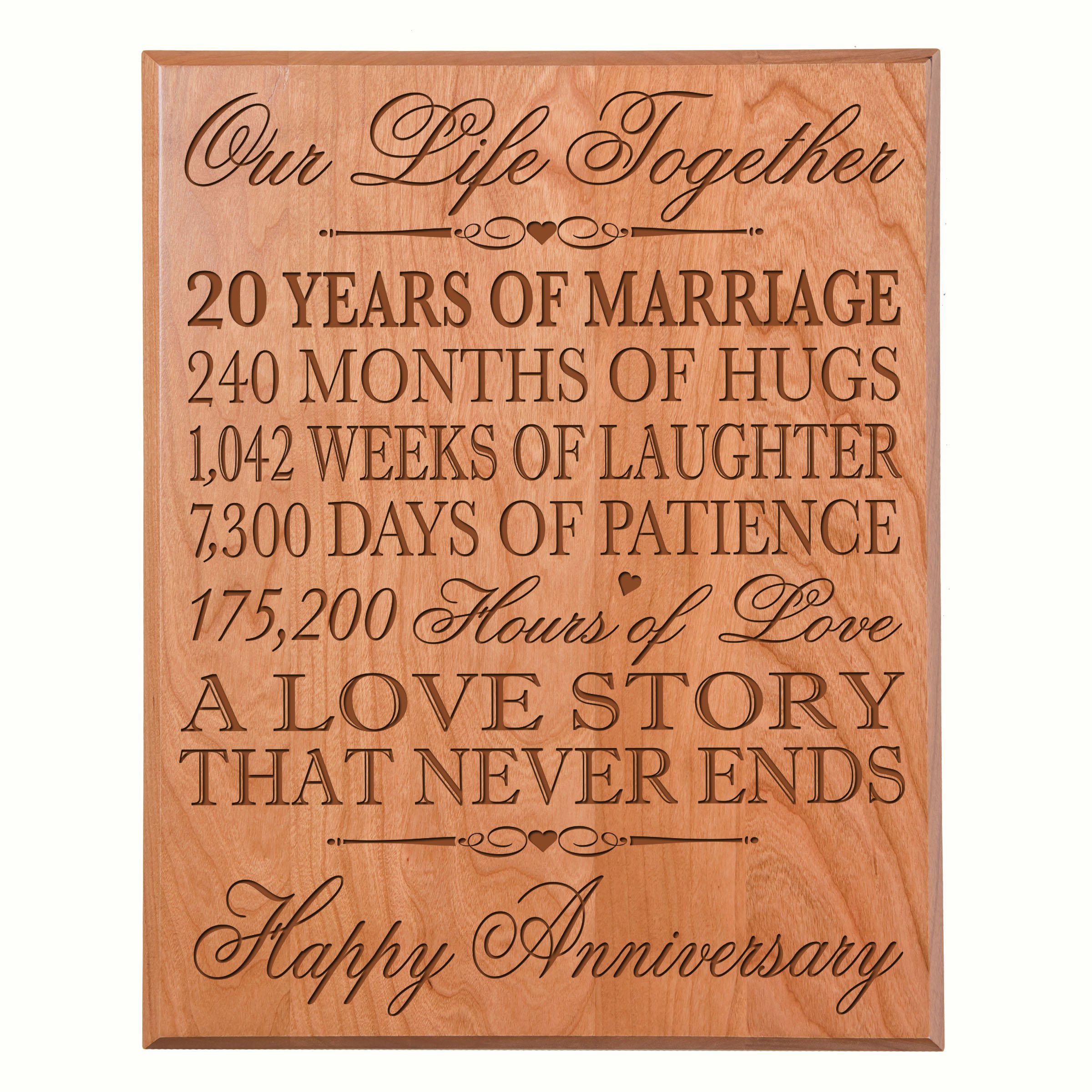 LifeSong Milestones 20th Wedding Anniversary Plaque - Solid Cherry Wood Wall Decor (12