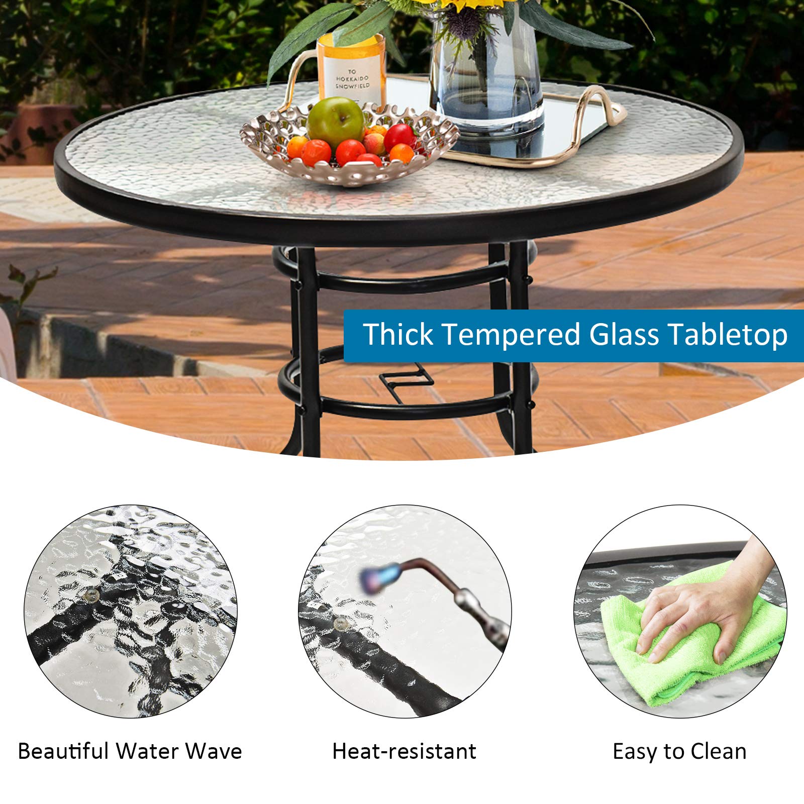 32'' Round Outdoor Patio Table with Umbrella Hole - Tempered Glass Top & Sturdy Metal Frame - Bistro Dining Coffee Table for Garden, Balcony, Poolside - Perfect for Outdoor Entertaining & Relaxation