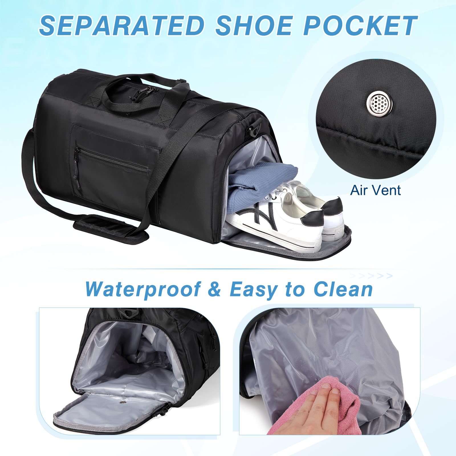 Vaschy 20in Medium Weekender Duffle Bag for Travel, Gym & Yoga - Water-Resistant Carry-On Overnight Bag with Shoe Compartment & Luggage Sleeve - Perfect for Women & Men (Black) | Ideal for Weekend Getaways, Fitness Sessions & Business Trips