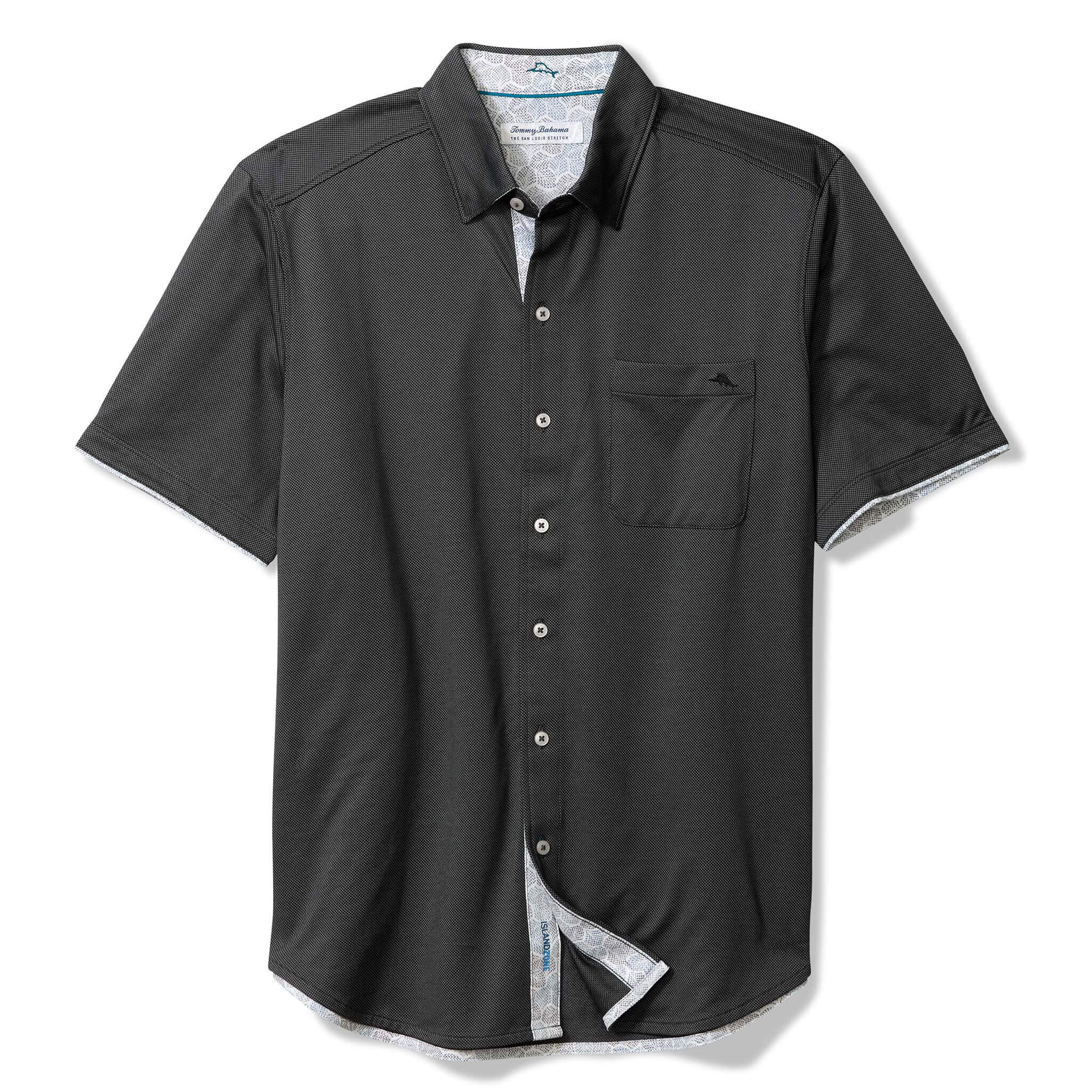 Tommy Bahama Men's San Lucio Tri Leaf Geo Happy Camp Shirt - Coal | Casual Hawaiian Style Button-Up Shirt for Beach, Vacation & Summer Outings