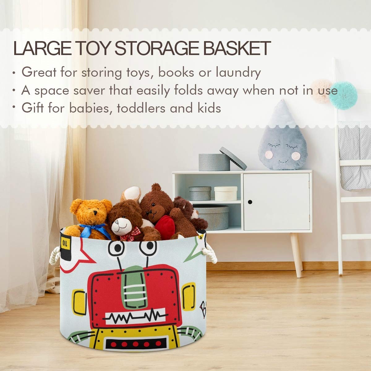 Collapsible Round Storage Basket - Fabric Toy Organizer & Laundry Hamper with Drawstrings for Kids - Funny Robot Cartoon Design - Perfect for Nursery, Playroom & Bedroom Organization