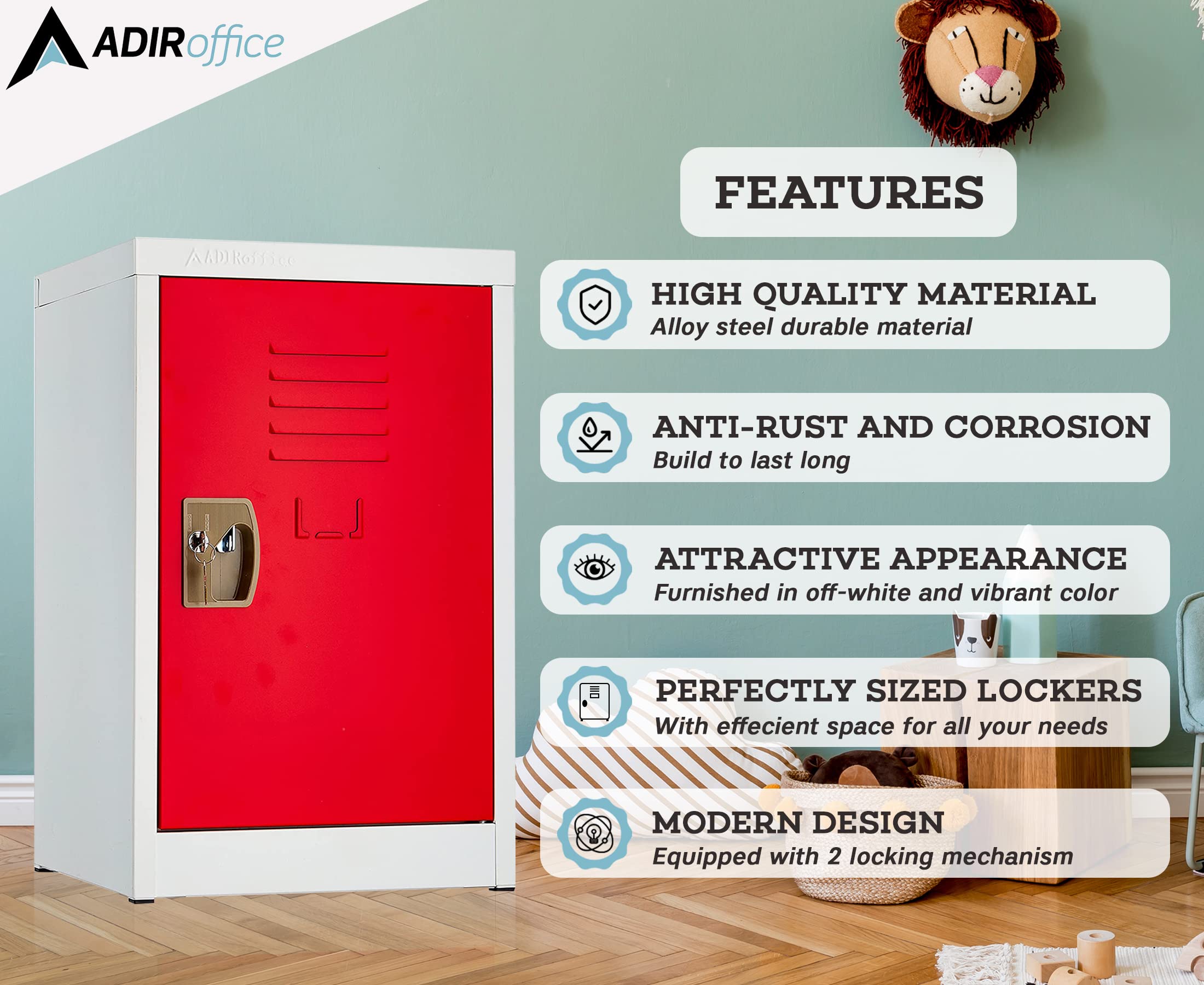 AdirOffice Kids Steel Metal Storage Locker - Heavy Duty School Locker with Key & Hanging Rods for Home, Gym & Classroom Organization | Perfect for Backpacks, Sports Gear & Clothes Storage