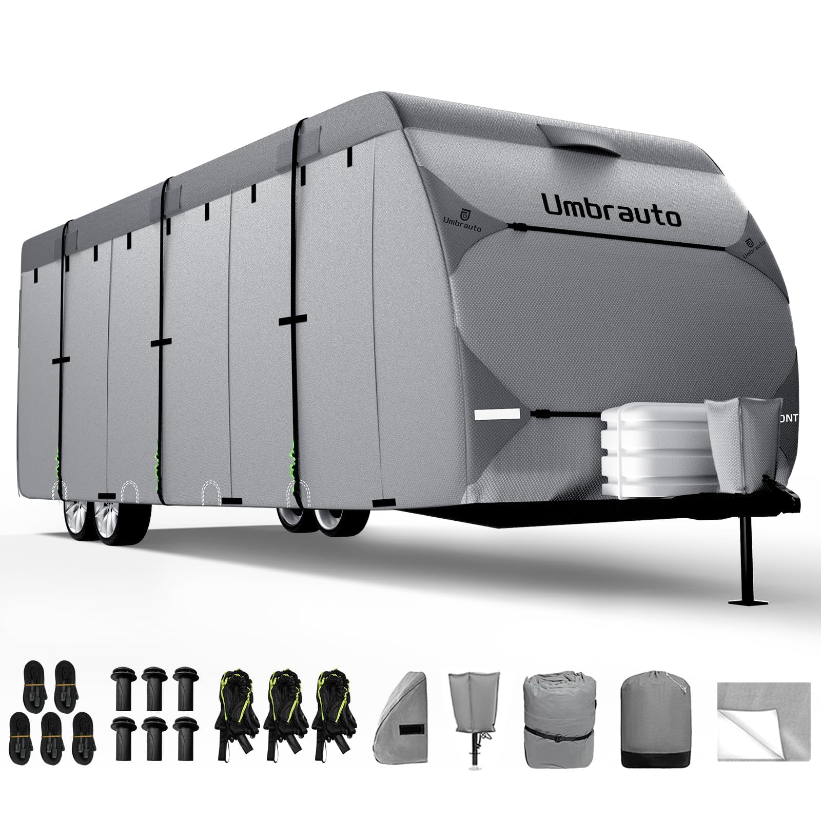 Umbrauto RV Cover 33-35ft - 7 Layer Heavy Duty Waterproof Travel Trailer Cover with Windproof Ropes | Camper Cover for Toy Haulers & Fifth Wheels | Includes Tongue Jack & Gutter Protection | Perfect for Outdoor Storage & Winter Protection