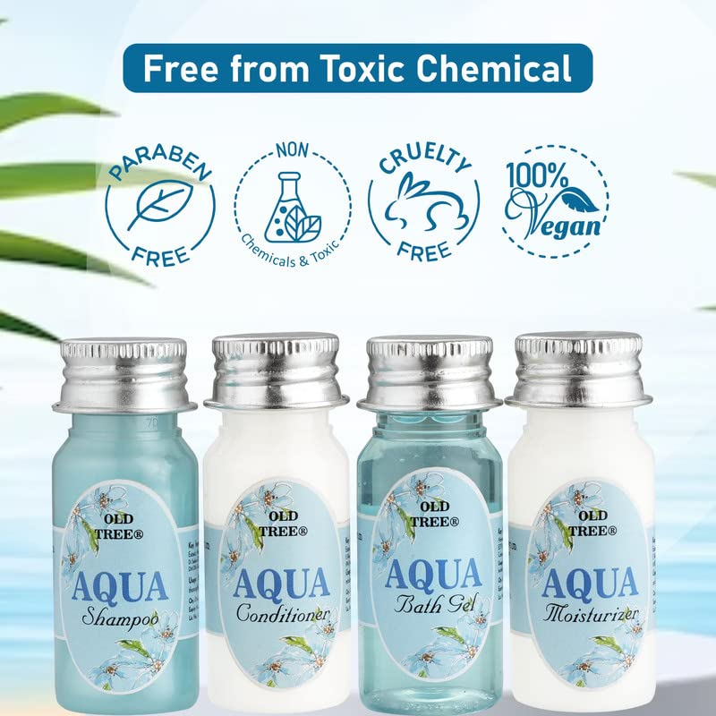 Old Tree Aqua Body Care Travel Kit 35ml (12-48 Pcs Set) | Shampoo, Conditioner, Shower Gel & Moisturizer for Men & Women | Travel-Size Toiletries | Perfect for Hotels, Gyms, Camping & Air Travel | Vegan & Cruelty-Free