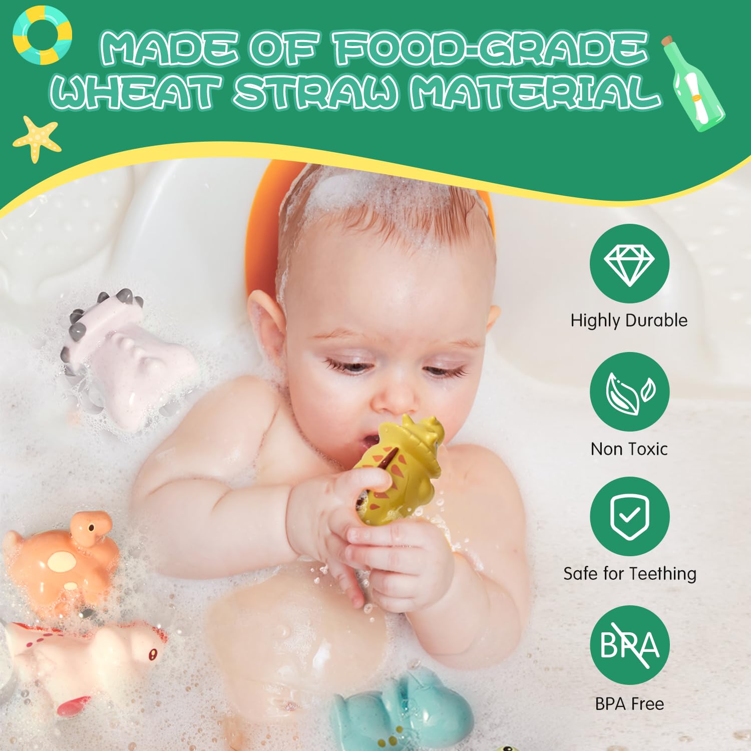 AMCHSURI 9-Pack Mold Free Baby Bath Toys for Toddlers 1-3 Years & Infants 6-18 Months - No Hole Dinosaur Bathtub Toys for Safe Splashing Fun - Perfect Bath Time Sensory Toys for Kids & Baby Shower Gifts