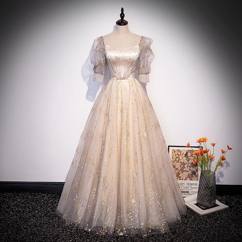 Elegant Champagne Mermaid Prom Dress with Shiny Tulle & Mid Sleeves - Perfect for Evening Gala, Homecoming Dance, and Formal Occasions