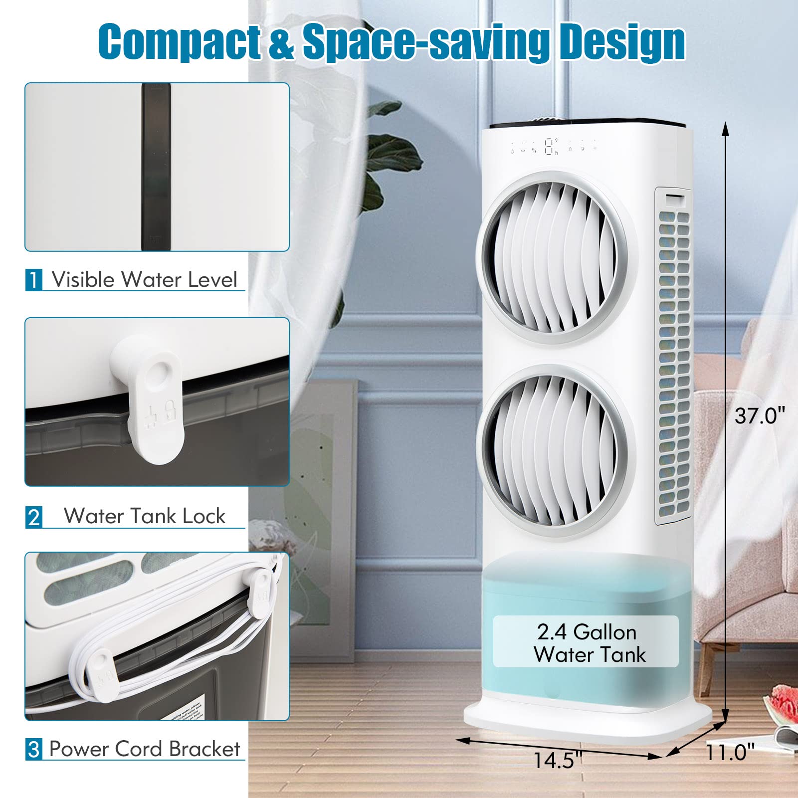 COSTWAY 3-in-1 Portable Evaporative Air Cooler with Remote Control - 3 Cooling Modes, 5 Fan Speeds, 80° Oscillation, 9H Timer, 2.4 Gallon Water Tank & 2 Ice Packs - LED Display Swamp Cooler for Home, Office, Bedroom, Patio & Outdoor Use