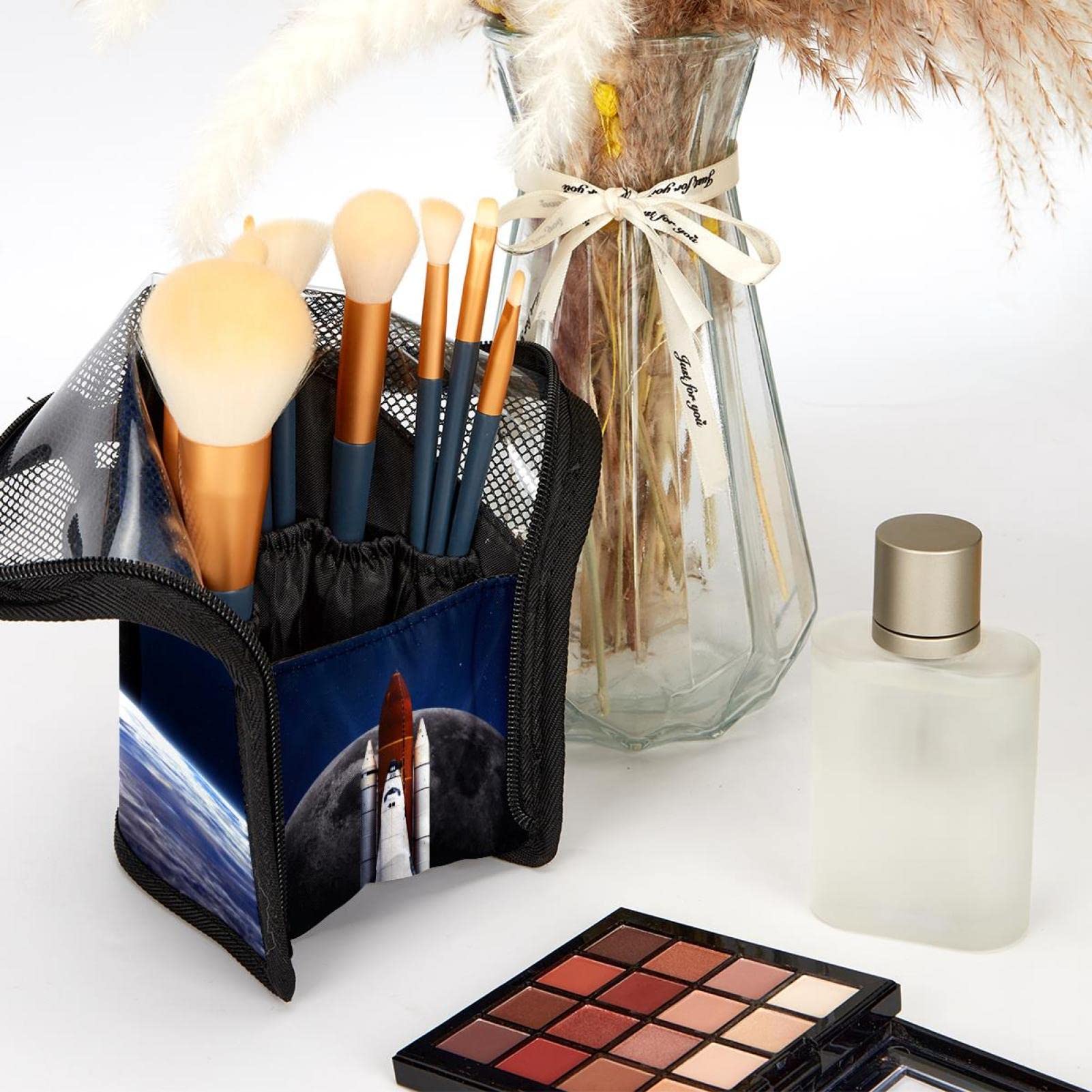 Premium Makeup Brush Organizer Bag with 12 Brushes - Spacecraft Moon Earth Rocket Design - Portable Cosmetic Brush Holder Case for Travel & Home Storage
