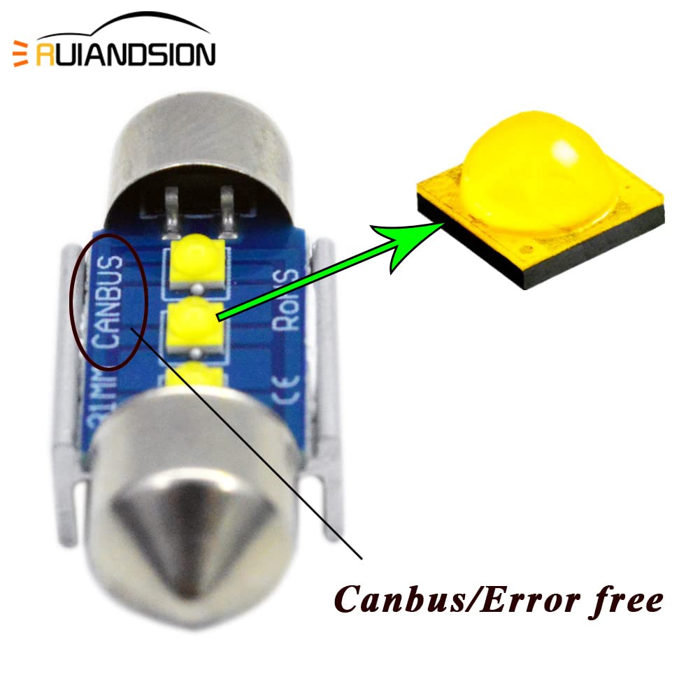 Ruiandsion 2-Pack 31mm CANBUS Error-Free Festoon LED Bulbs - Super Bright White Interior Car Lights with 3SMD Chipsets for Dome, Map, and License Plate Lights | Perfect for Night Driving and Vehicle Interior Illumination