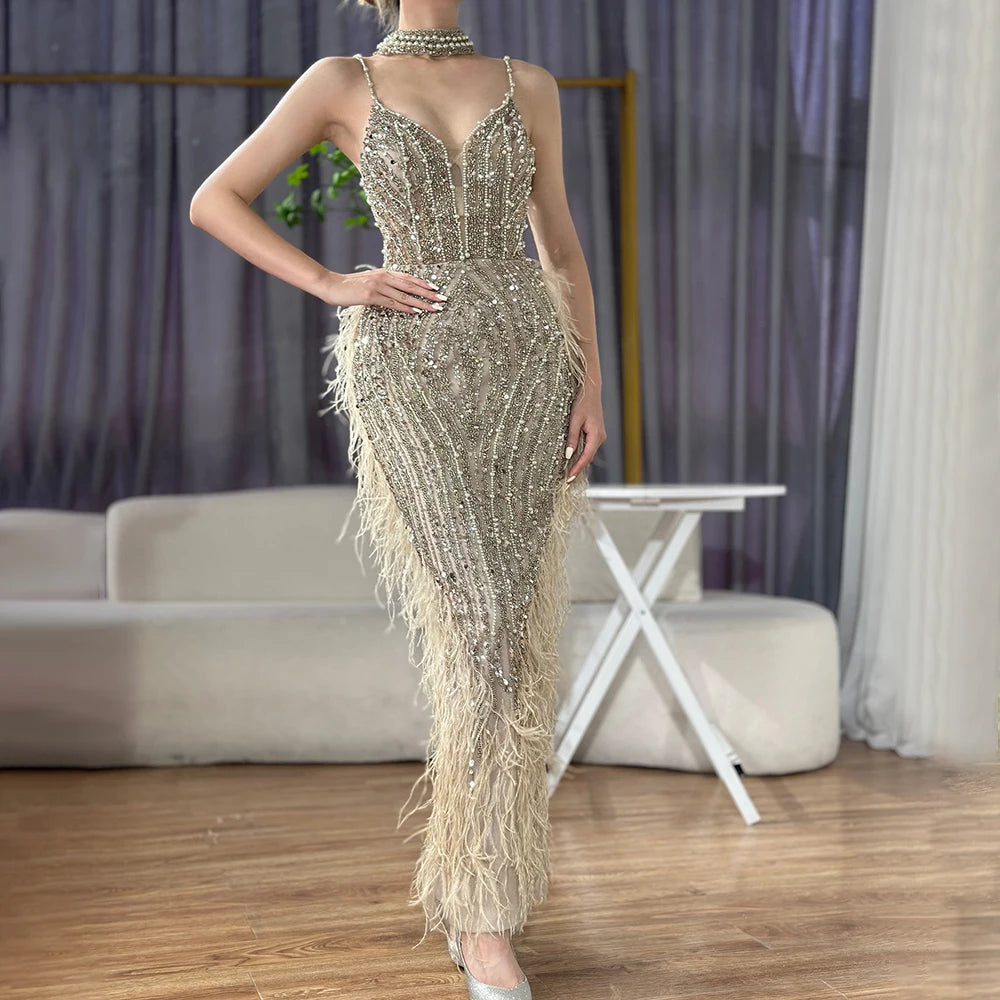 Elegant White Beaded Feather Mermaid Evening Gown with Spaghetti Straps - LA72047 for Prom, Wedding, and Formal Events
