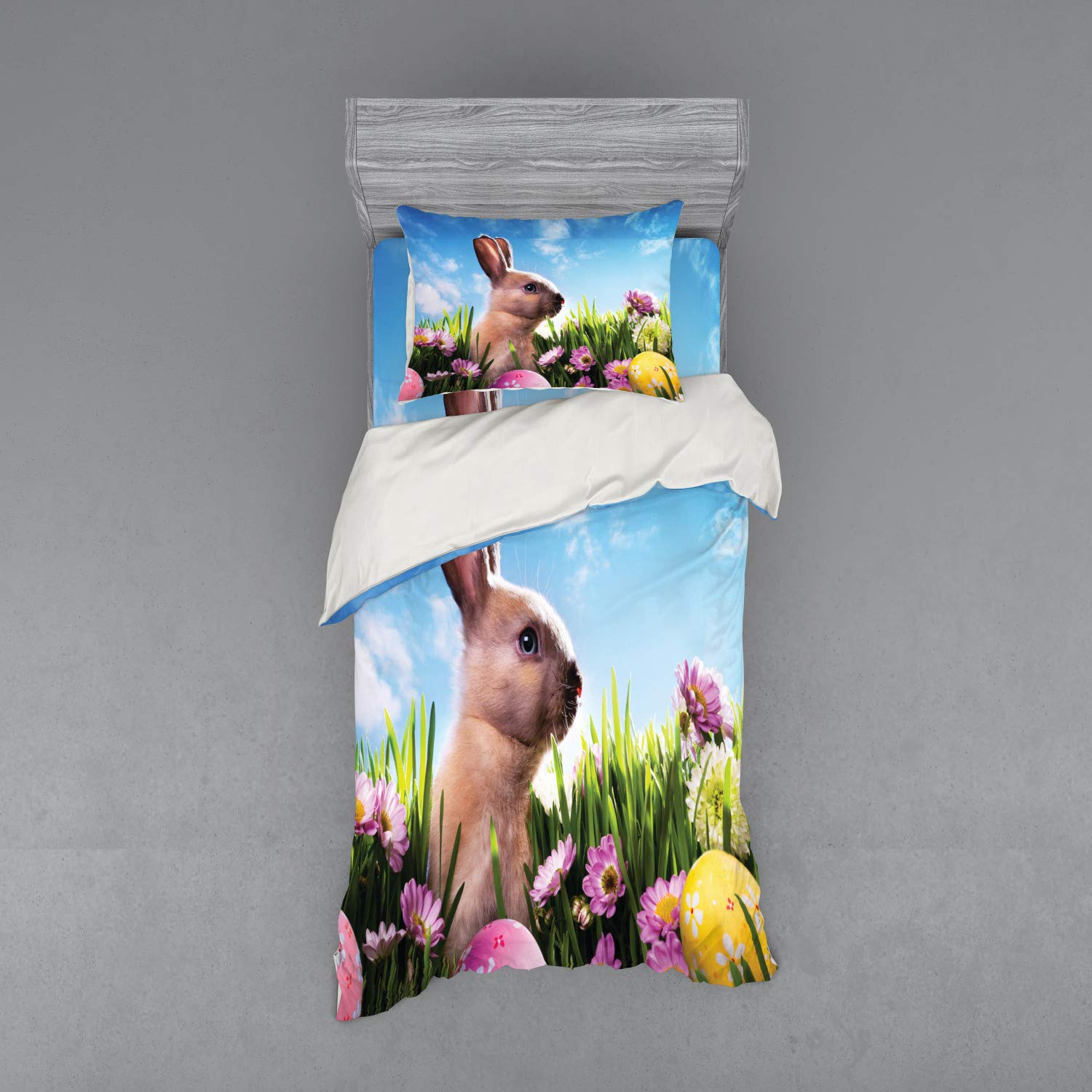 Ambesonne 3-Piece Easter Bedding Set - Floral Bunny & Painted Eggs Duvet Cover with Sham & Fitted Sheet, Twin Size, Multicolor | Spring Home Decor, Easter Gift, Kids Room Upgrade