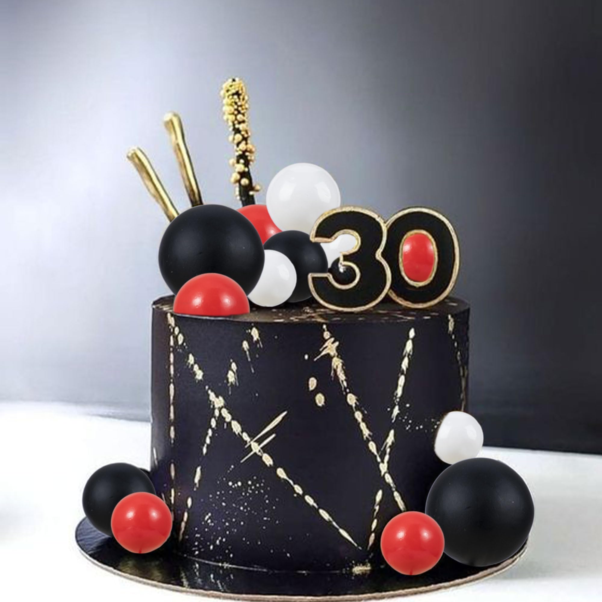30Pcs Mini Balloon Cake Toppers - Foam Ball Cake Decorations with Sticks for Wedding, Birthday Party, Baby Shower - Red, Black, White Cake Picks for DIY Dessert Decorating