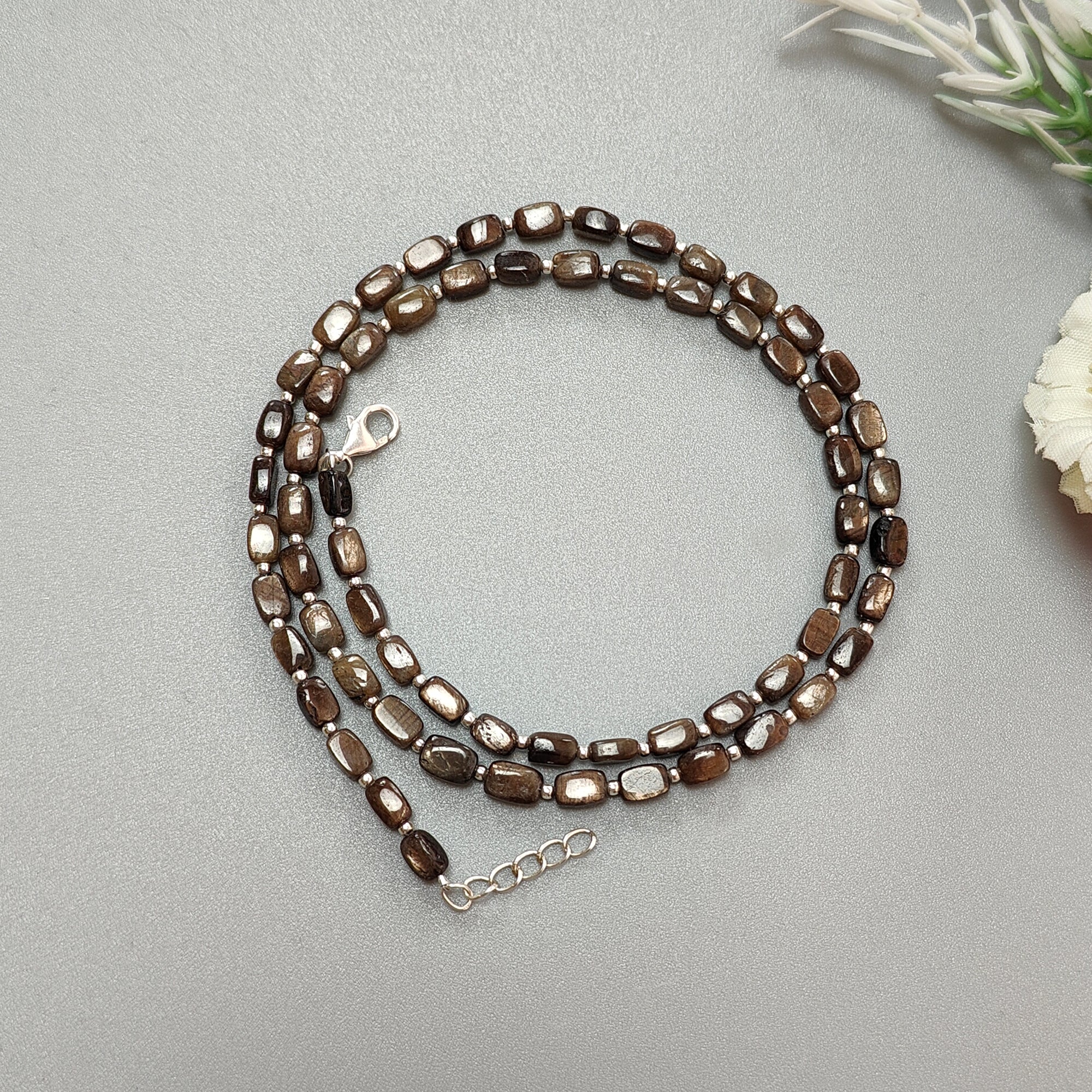 Golden Brown Chocolate Sapphire Gemstone Beads Necklace - 925 Sterling Silver Jewelry with Natural Cushion Cut Sapphires (5x3mm & 6x4mm) - 14.26g Elegant Handmade Necklace for Women, Perfect for Weddings, Parties & Special Occasions