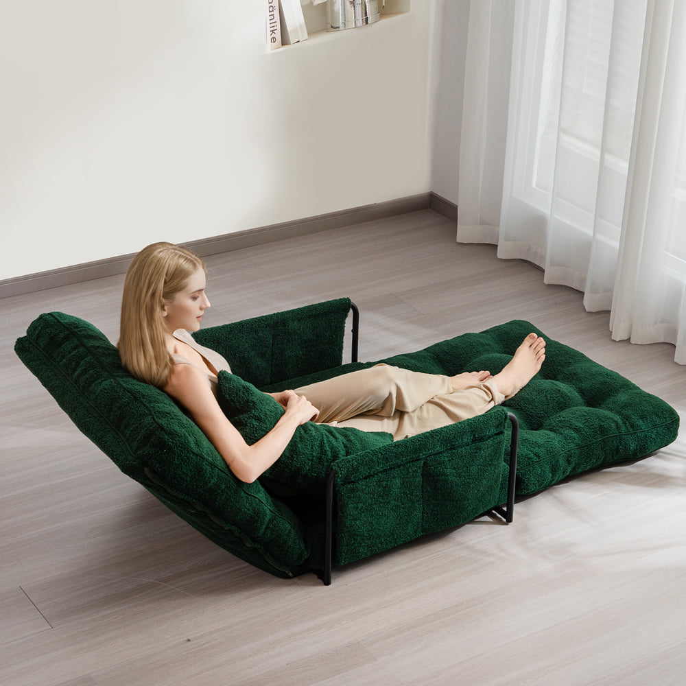 MAXYOYO Adjustable Floor Sofa Couch with Pillow - Boucle Convertible Lazy Sofa Sleeper Bed with Armrest, Single Seat Green - Perfect for Small Spaces, Living Room Lounging & Guest Bed
