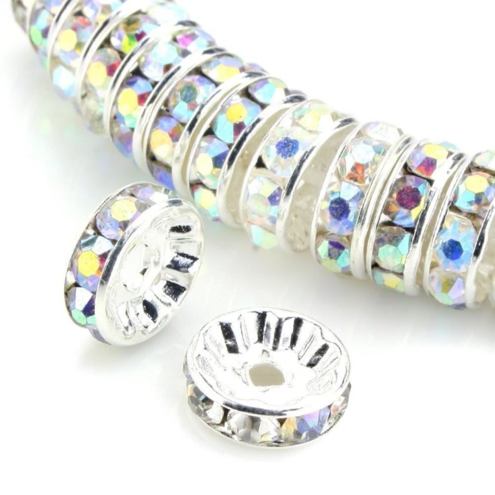 50pcs Adabele AAA Grade 5mm (0.2 Inch) Silver Plated Brass Rhinestone Rondelle Spacer Beads - Clear AB Crystal for DIY Jewelry Making, Bracelets, Necklaces & Craft Projects