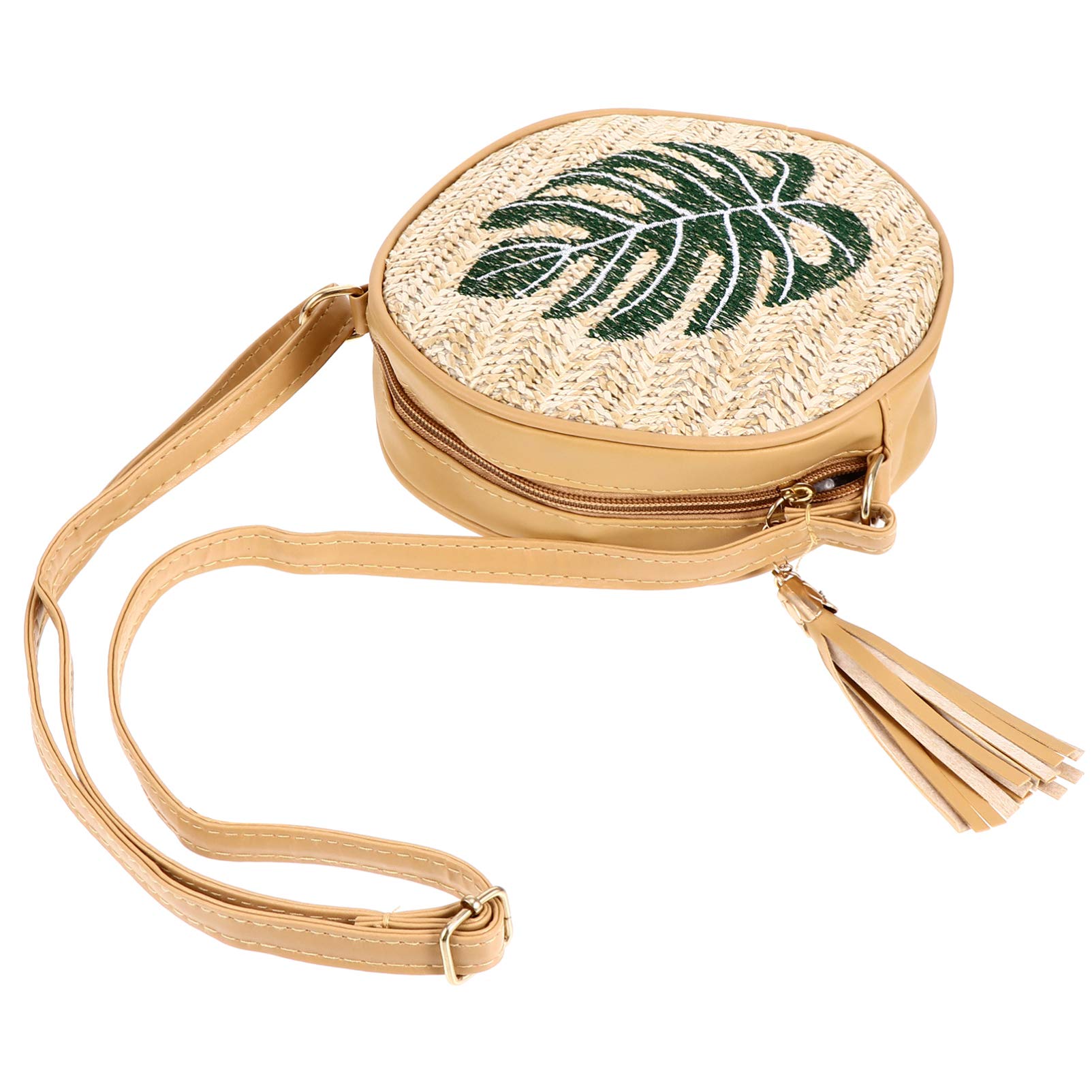 Amosfun Round Straw Beach Bag with Tropical Leaves Design - Women's Summer Shoulder Bag for Vacation, Pool Party & Boho Fashion Accessories