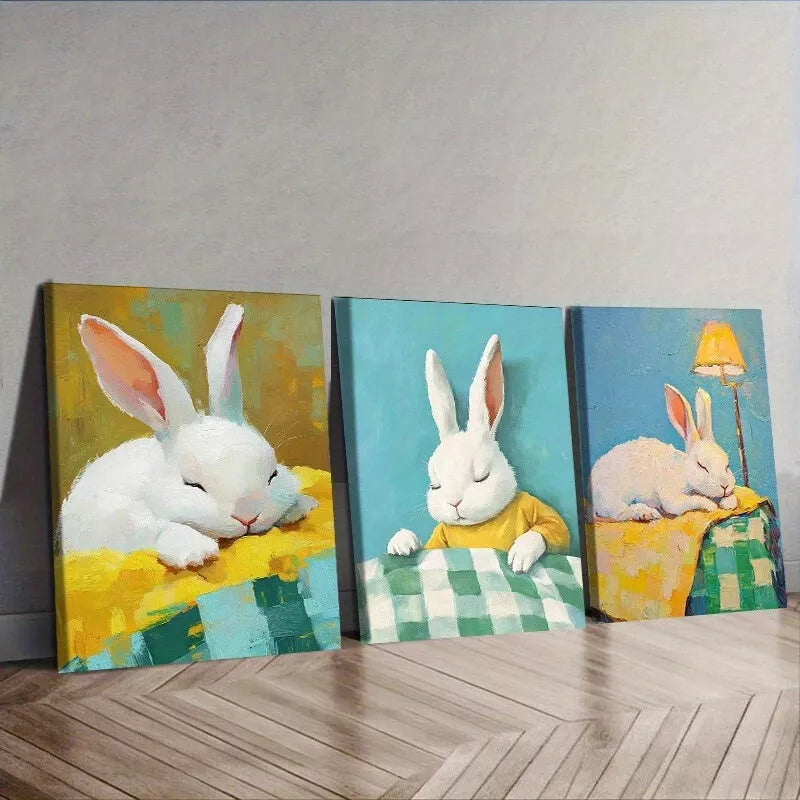3-Piece Rabbit Table Wall Art Set - Framed Canvas 40x60cm - High Quality Print - 100% Australian Made - Ready to Hang - Perfect for Living Room, Bedroom & Office Decor