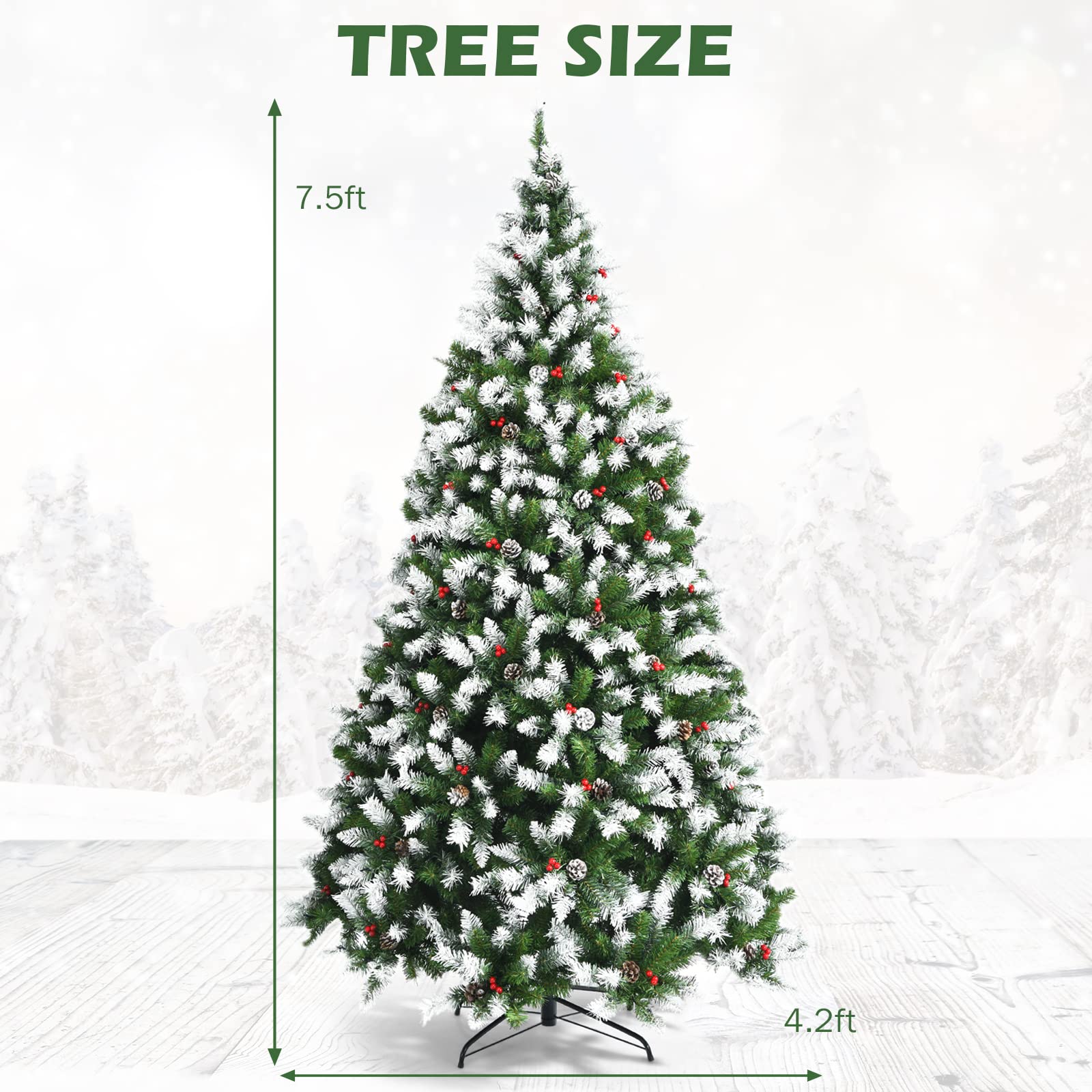 GOFLAME 7.5ft Pre-Lit Artificial Christmas Tree with 550 Warm White LED Lights, 8 Lighting Modes, Snow Flocked Hinged Branches & Sturdy Metal Stand - Perfect for Living Room, Office, and Holiday Festival Decorations