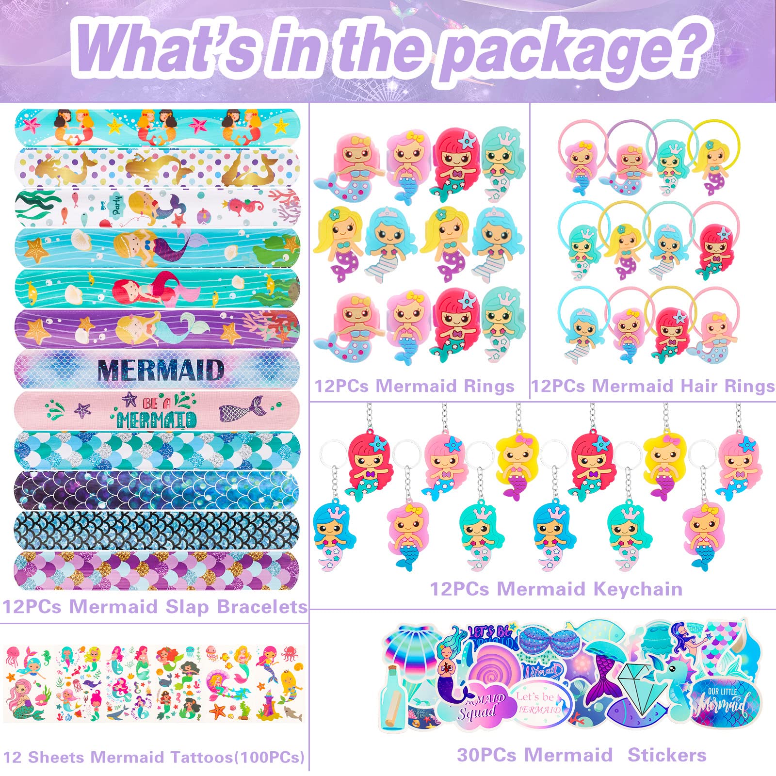 Mermaid Party Favors - Mermaid Themed Keychains, Slap Bracelets & Goodie Bag Fillers for Birthday Parties | Perfect for Mermaid Themed Decorations, Pool Parties & Underwater Fantasy Events