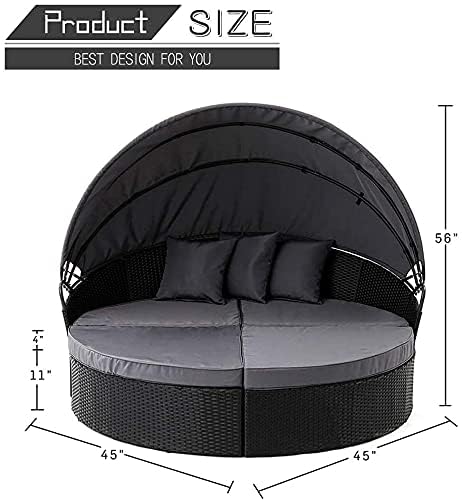 Outdoor Round Wicker Daybed Sofa Set with Canopy - 4-Piece Patio Furniture with Cushioned Seats for Lawn, Poolside, Garden - Perfect for Relaxing in Backyard, Beach House or Resort (Dark Black)