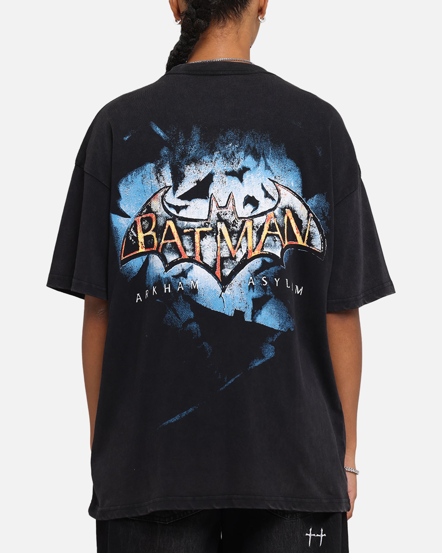 73 Studio X DC Batman Arkham Asylum Vintage Graphic Tee - Black Acid Wash Distressed Cotton T-Shirt for Men - Perfect for Comic Con, Cosplay & Batman Fans