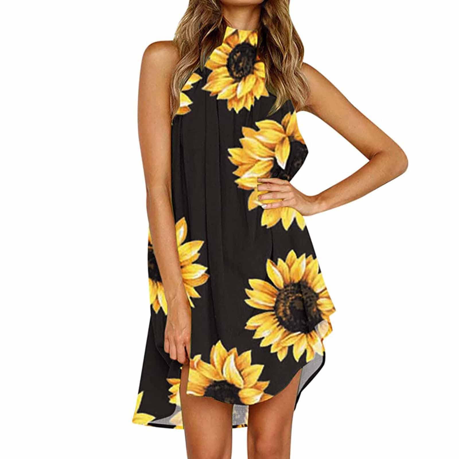 WOCACHI Women's Sunflower Print Summer Dress - Sleeveless Halter Neck Boho Floral Beach Dress with Ruffle Hem | Perfect for Vacation, Pool Party & Casual Outings
