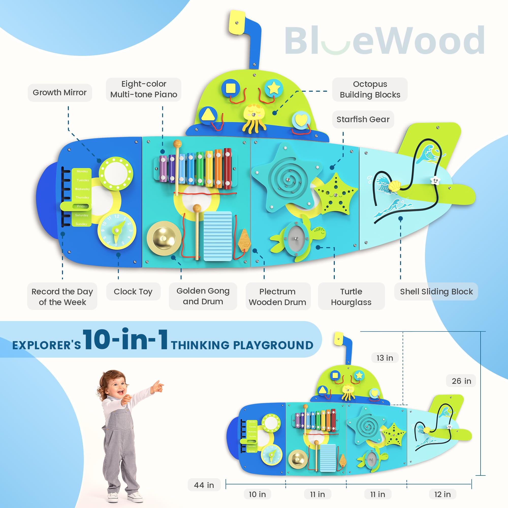 BlueWood Submarine Wall Busy Board Panels - Montessori Sensory Activity Center for Toddlers, Educational Learning Toys for Fine Motor Skills & Cognitive Development - Perfect for Home, Classroom & Daycare Playrooms