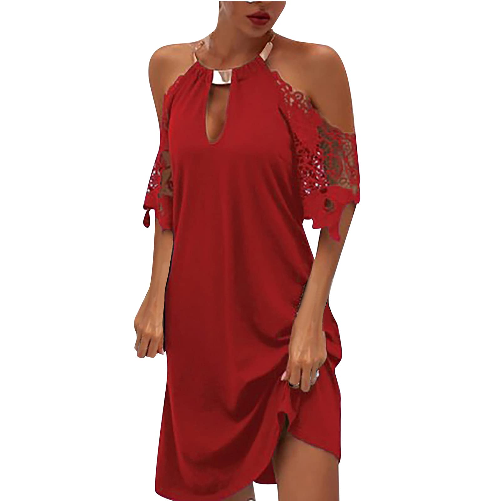 2022 Women's Lace Short Sleeve O-Neck Halter Solid Long Dress - Loose Fit Summer Casual Maxi Dress for Beach, Party & Vacation