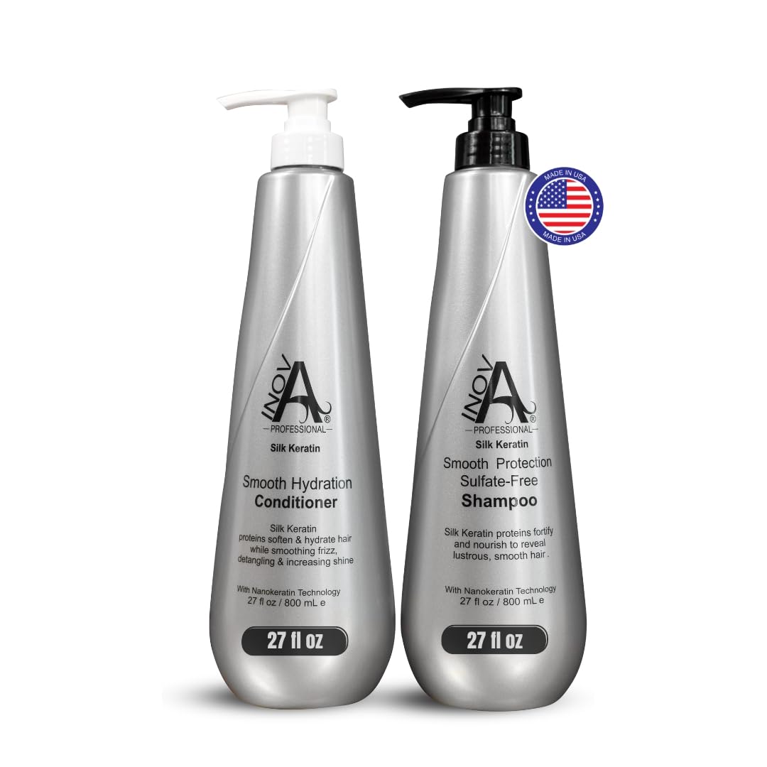 Silk Keratin Shampoo & Conditioner Set - Sulfate-Free Smooth Protection Shampoo & Hydrating Conditioner (27oz) for Dry, Damaged Hair - Salon Quality Hair Care for Frizz Control & Shine Enhancement | Perfect for Daily Use & Color-Treated Hair