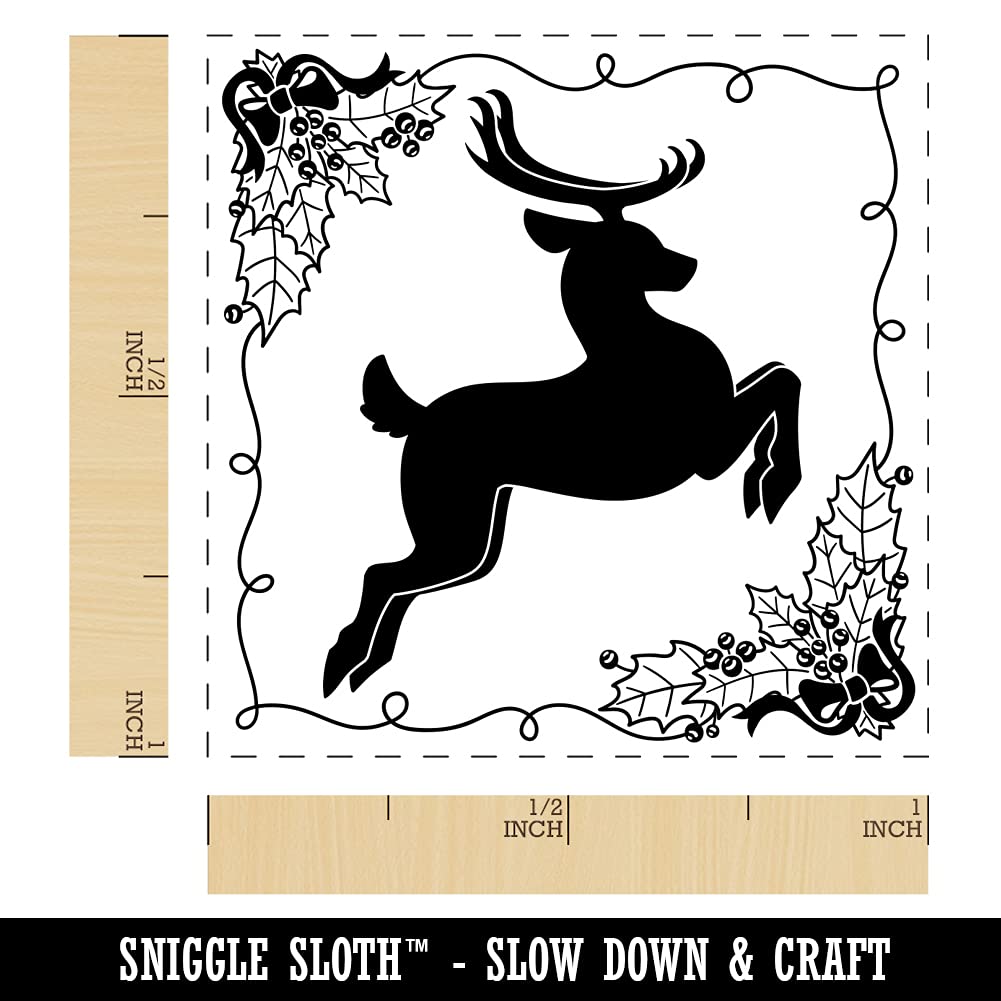Flying Reindeer Christmas Self-Inking Stamp with Holly Border - 1 Inch Small Rubber Stamp with Blue Ink - Perfect for Holiday Cards, Gift Wrapping & DIY Crafts