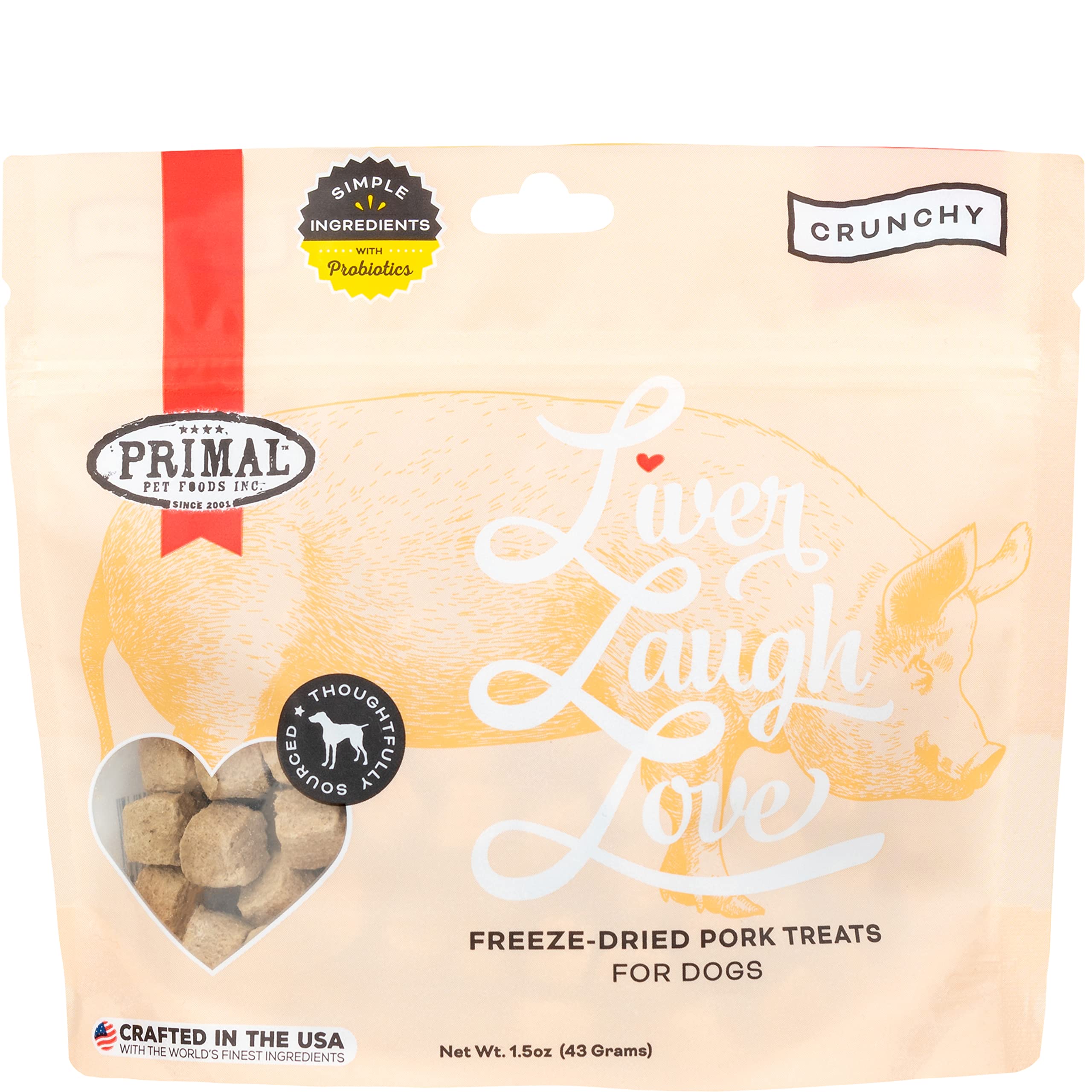 Primal Freeze Dried Pork Liver Dog Treats with Probiotics - Grain Free, Crunchy Training Snacks for Small & Large Dogs - 1.5 oz Bag - Perfect for Obedience Training & Reward-Based Learning