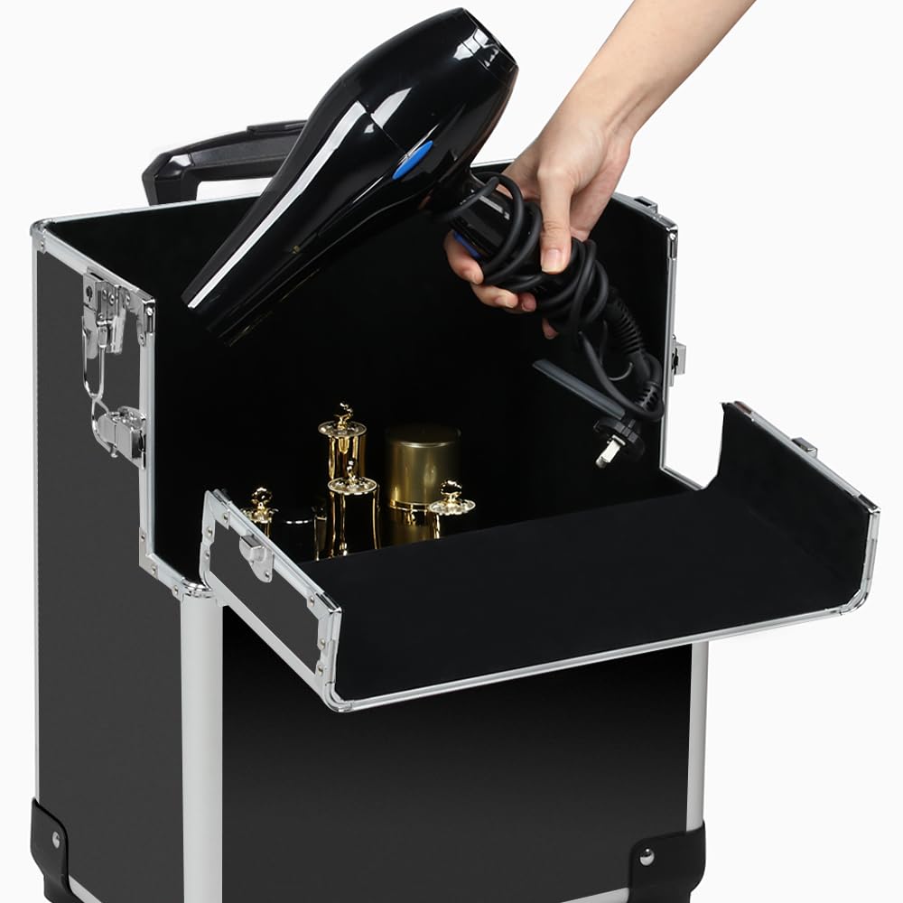 Yaheetech Professional 3-in-1 Extra Large Makeup Trolley with Wheels - Cosmetic Case, Hairdressing Vanity & Beauty Nail Rolling Cart - Portable Mobile Storage Organizer for Salon, Home, and Professional Makeup Artists (Black)