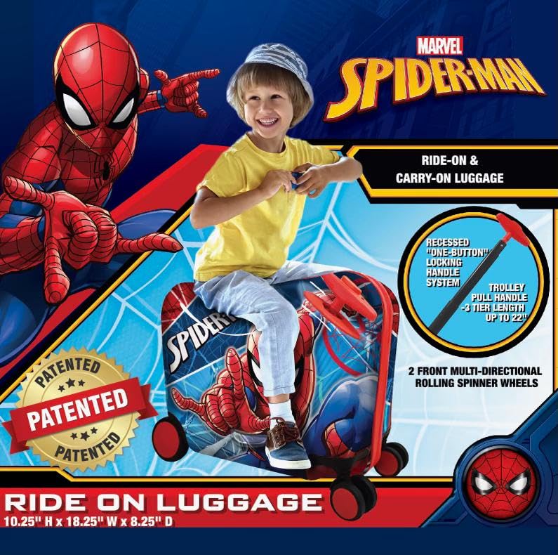 Spider-Man Kids Ride-On Suitcase - 18 Inch Lightweight Travel Luggage with Seat for Boys & Girls | Perfect for Airports, Theme Parks & Family Vacations