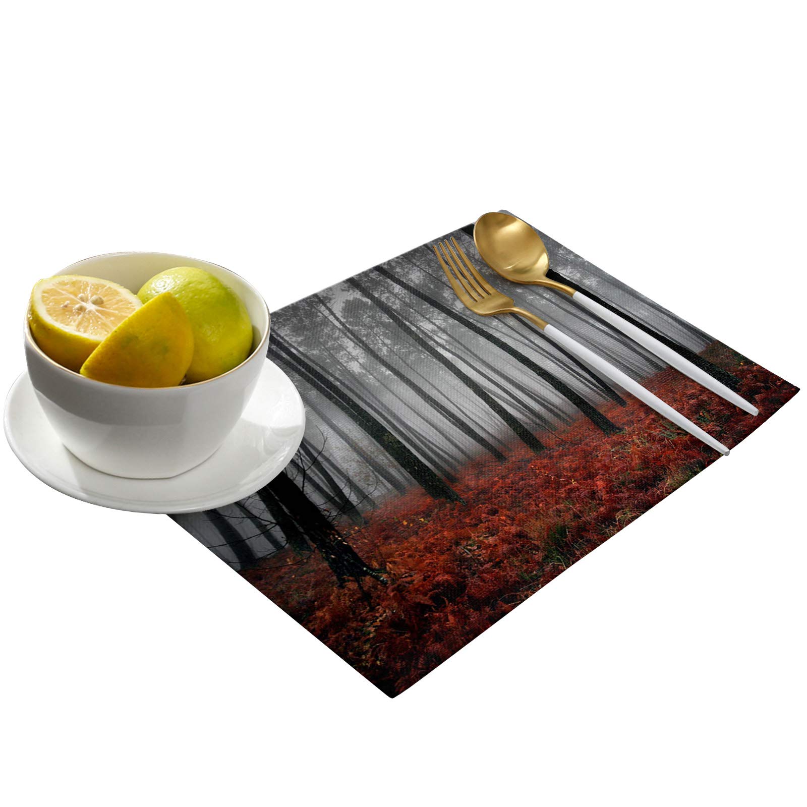 Spooky Red Maple Forest Placemats Set of 4 - Washable Modern Table Mats for Dining, Gray & Misty Scenery Design - Perfect for Home, Party, Wedding & Holiday Decor - Indoor & Outdoor Use