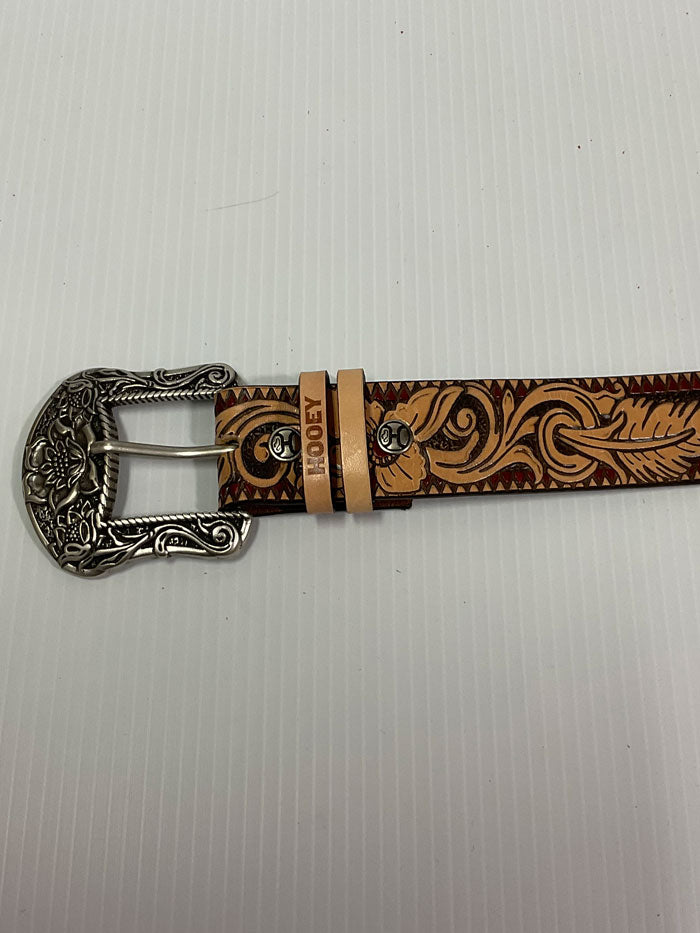 Hooey HWBLT004 Women's Western Belt with Feather & Floral Filigree Embossed Design, Natural Brown & Red Leather with Floral Tongue Buckle - Perfect for Cowgirl Boots, Jeans & Country Style Outfits