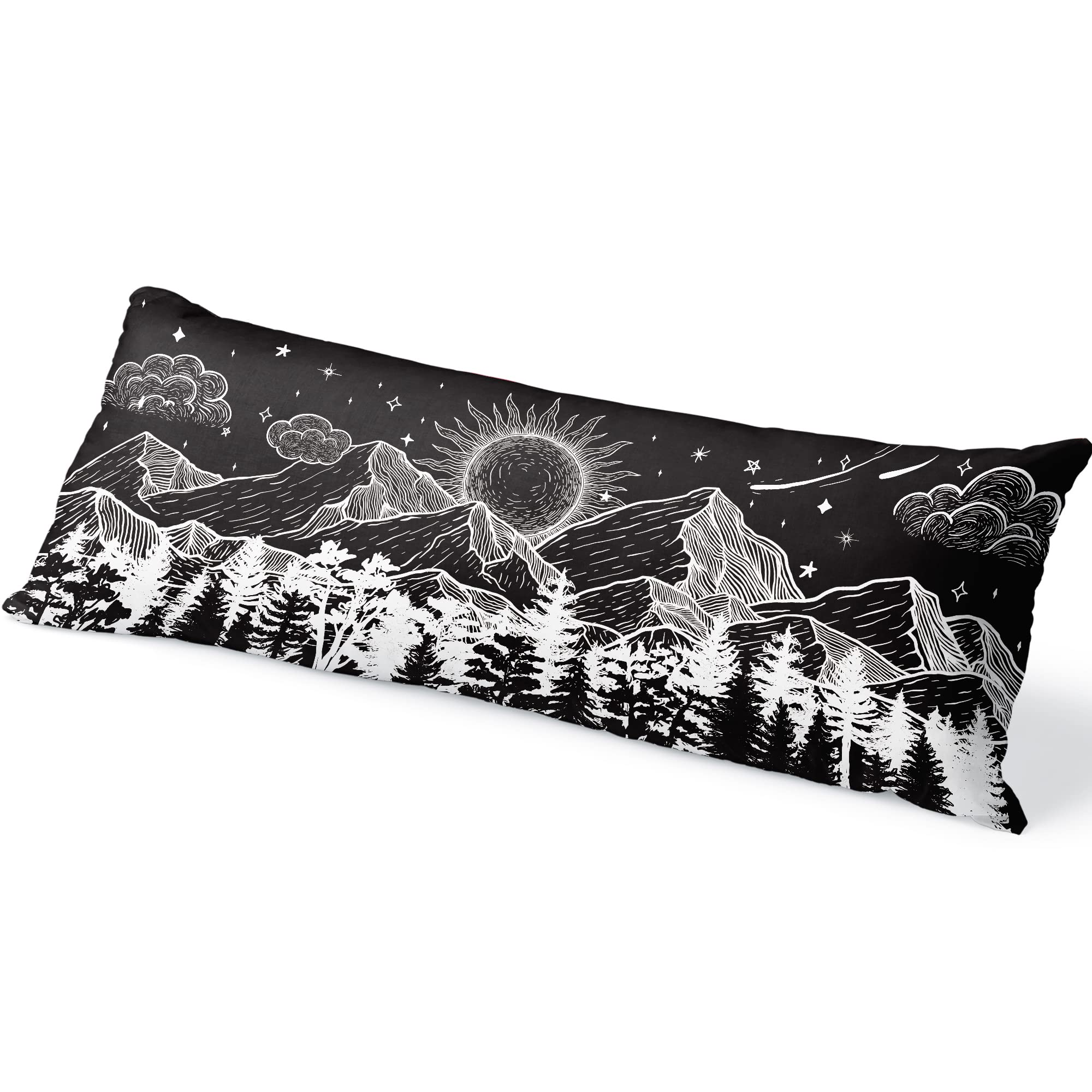 Black Mountain Body Pillow Cover - Large 20x54 Inch Soft Fabric Pillowcase for Sofa, Bed & Couch - Sun Tree Star Design Cushion Protector - Perfect for Home Decor, Lounge Relaxation & Guest Room Comfort