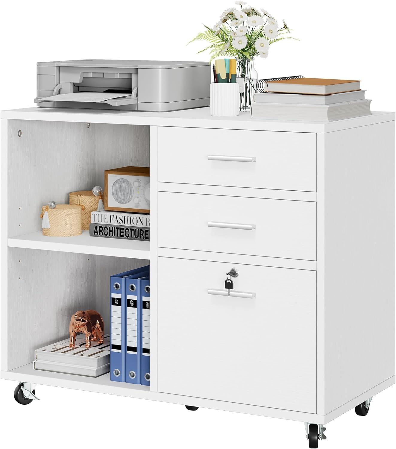 YITAHOME 3-Drawer Wood File Cabinet - Mobile Lateral Storage Cabinet with Lock, Printer Stand for Home Office Organization, White Office Furniture | Perfect for Document Storage & Workspace Organization