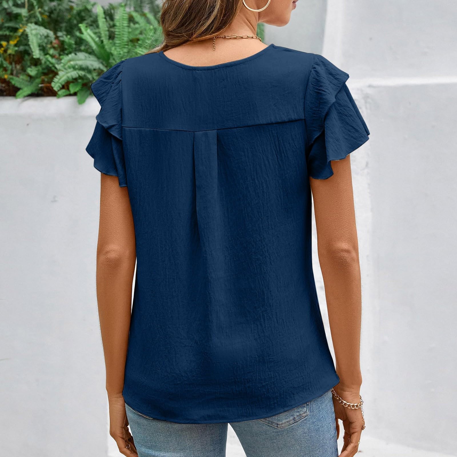 2024 New Women's Flowy Flutter Short Sleeve Summer Shirts - Flattering Crewneck Pleated Tunic Blouse for Casual Wear, Office & Vacation Outfits